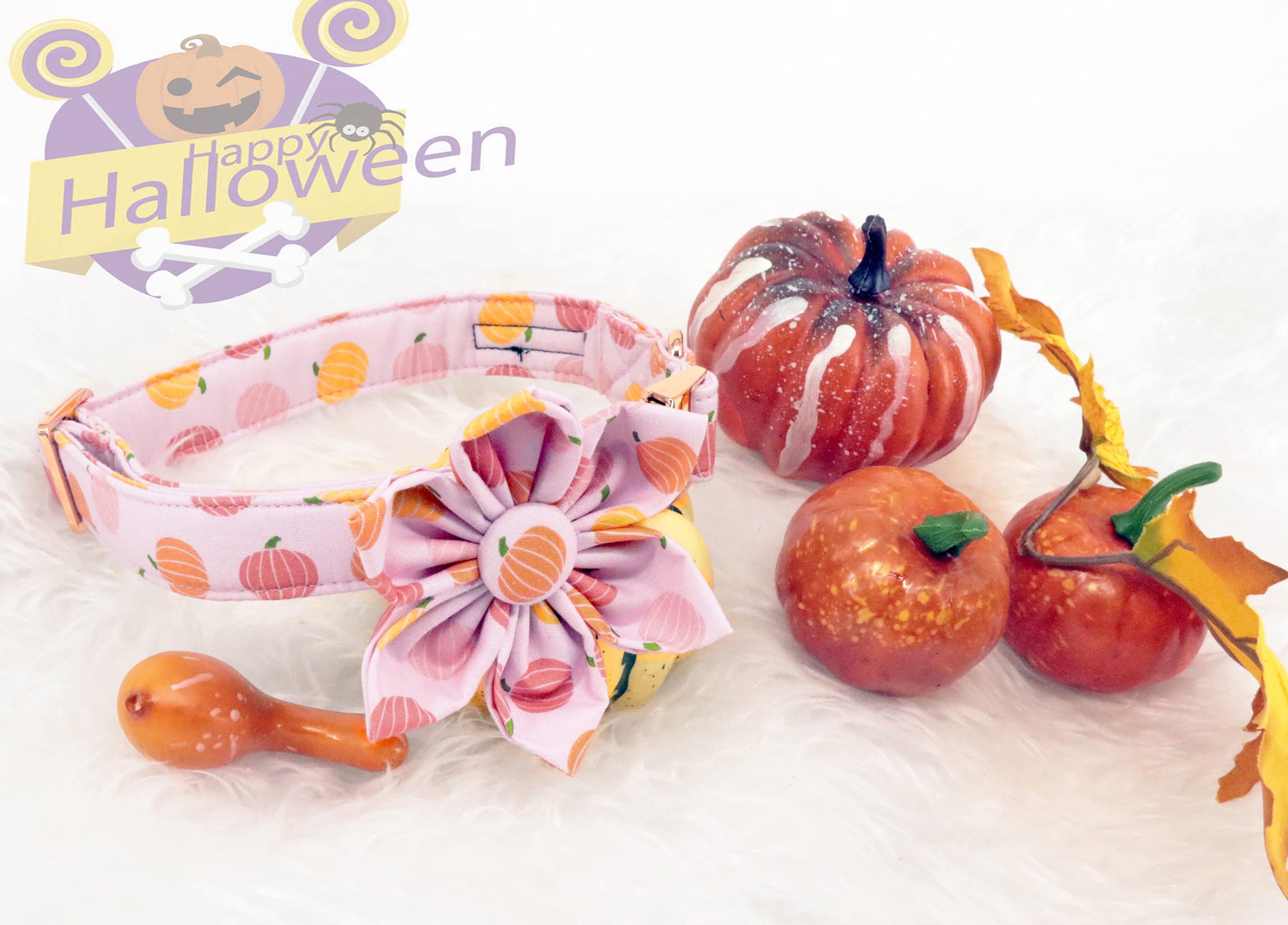 Aring Pet Dog Collar With Flower, Dog Collar With Detachable Flower, Adjustable & Nice Halloween Pink Pumpkin Dog Collar With Metal Buckle
