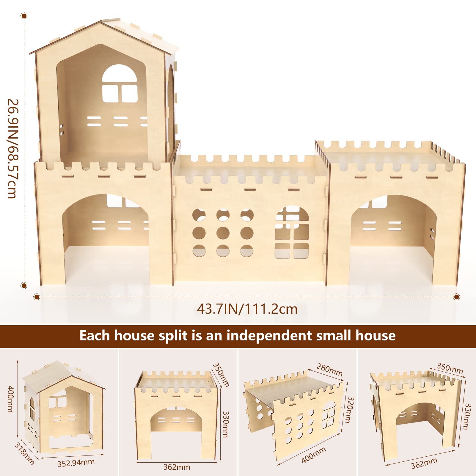 Woiworco Extra Large Rabbit Hideout, Wooden Rabbit Castle Bunny Spacious Breathable Hideouts For Indoor Bunnies, Hamsters And Gu