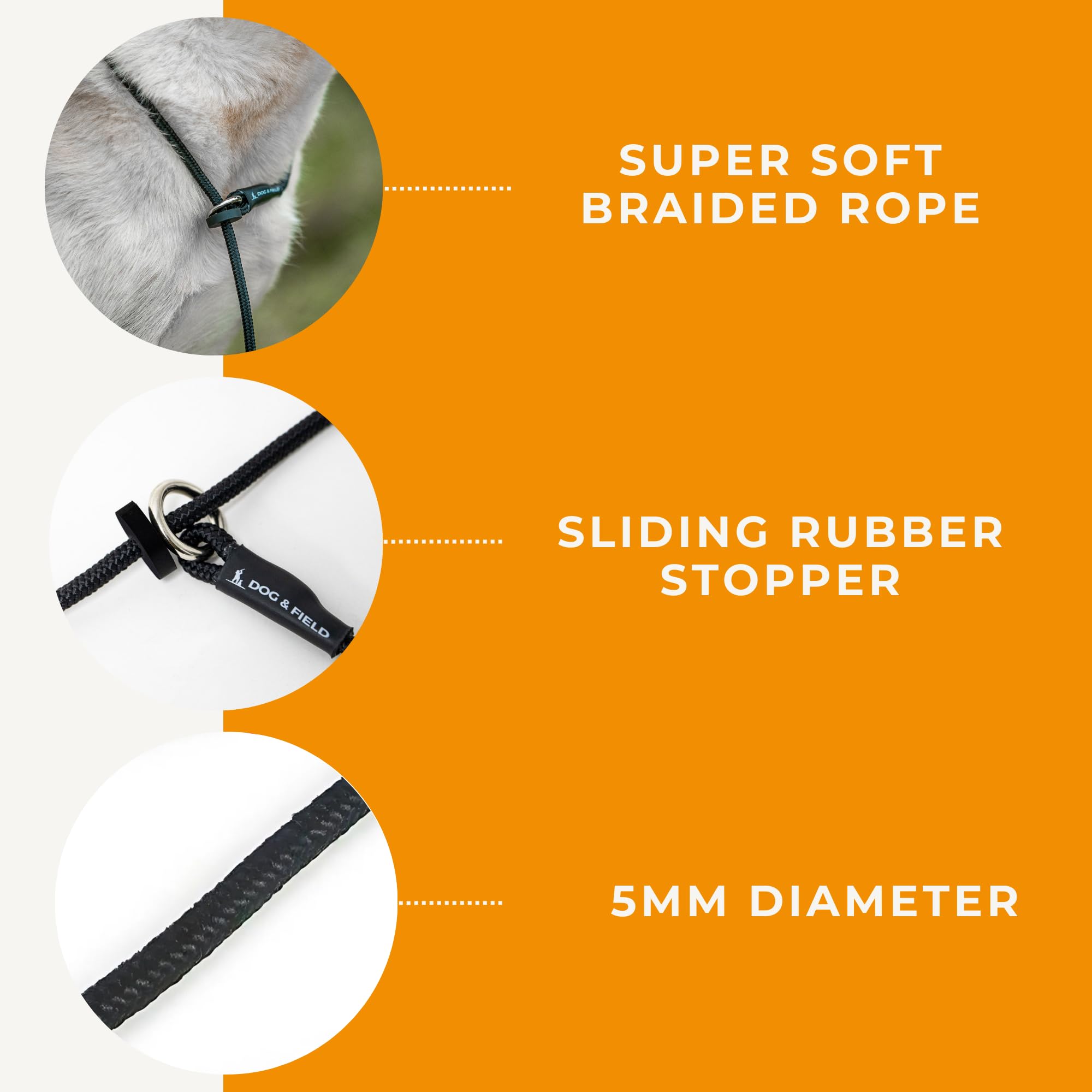 Dog & Field Signature Slip Lead For Dogs, Black. 4Ft Lightweight Dog Slip Leash With Sliding Rubber Stopper. Training Lead For D