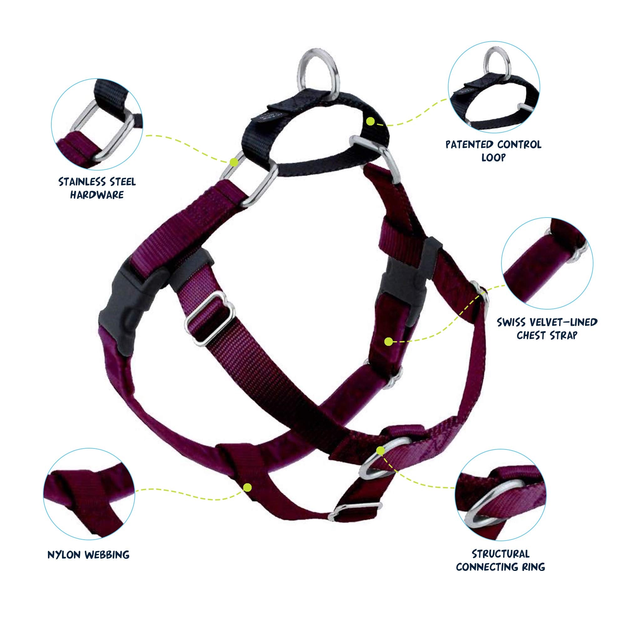 2 Hounds Design Freedom No Pull Dog Harness, Adjustable Harness, Easy Walking & Comfortable Control, Fits Small, Medium & Large Dogs, Solid Colors, Made In Usa, 1' Lg, Burgundy