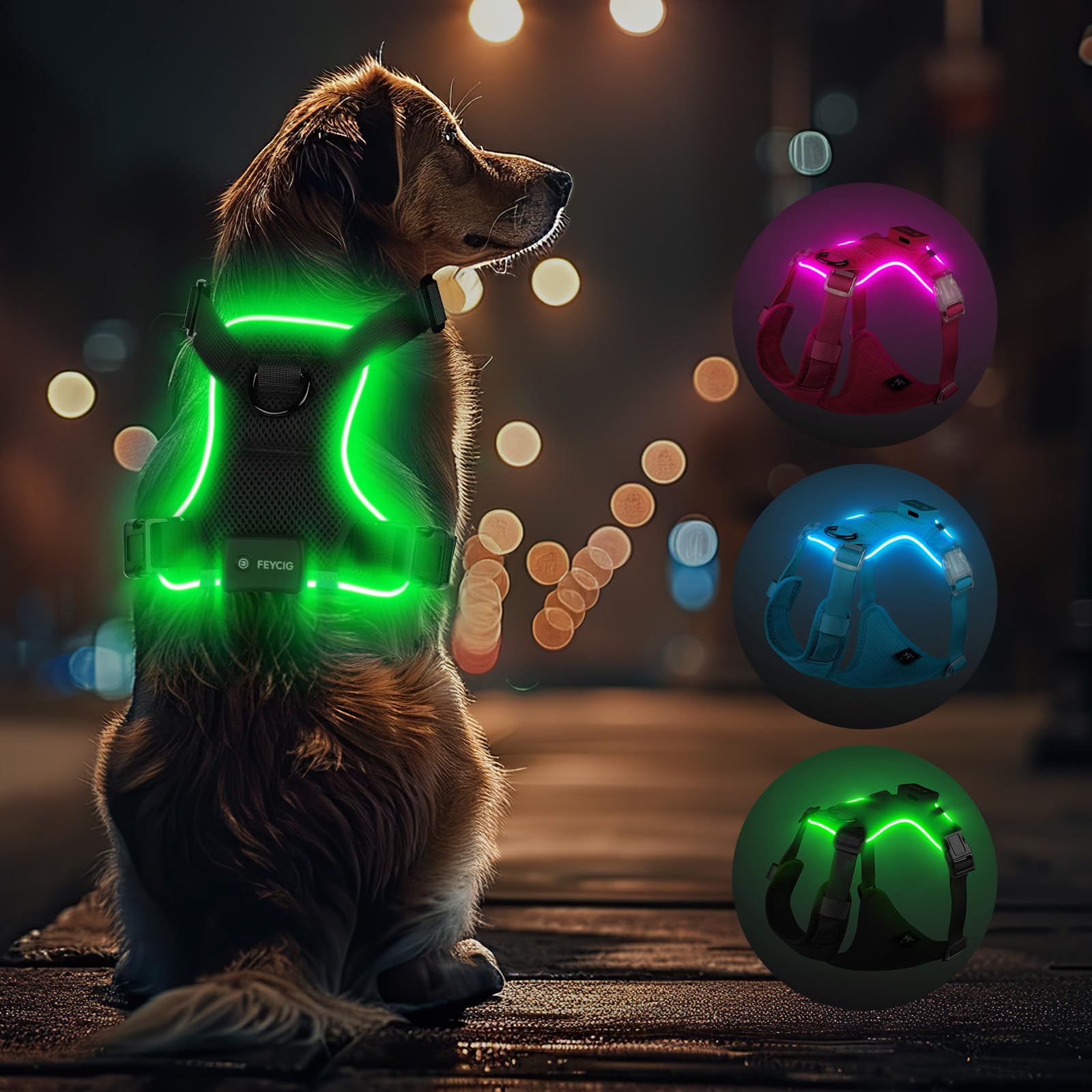 Light Up Dog Harness,Reflective Pet Harness Rechargeable,Led Dog Vest Harness for Night Walking,Adjustable Dog Safety Vest for S