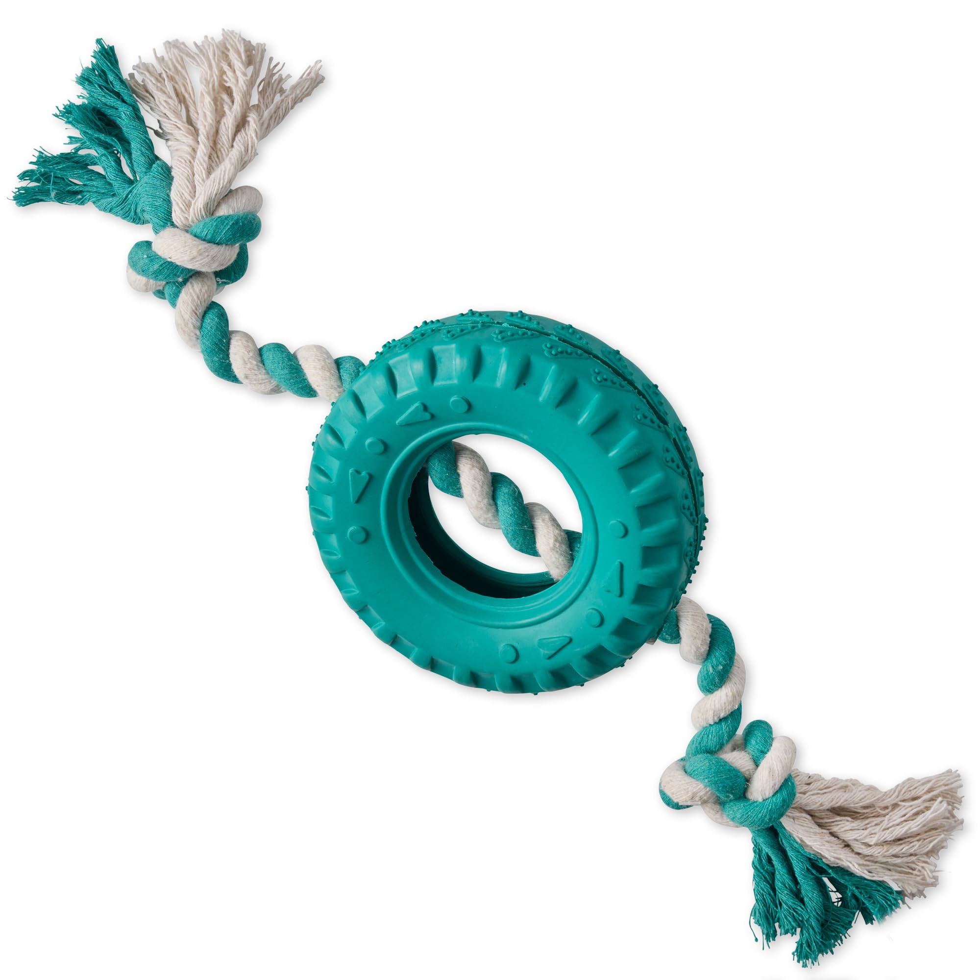 Pet Passion Natural Rubber Tire and Organic Cotton Rope Pull and Chew Dog Toy for All Pet Breeds, Teal, One Size