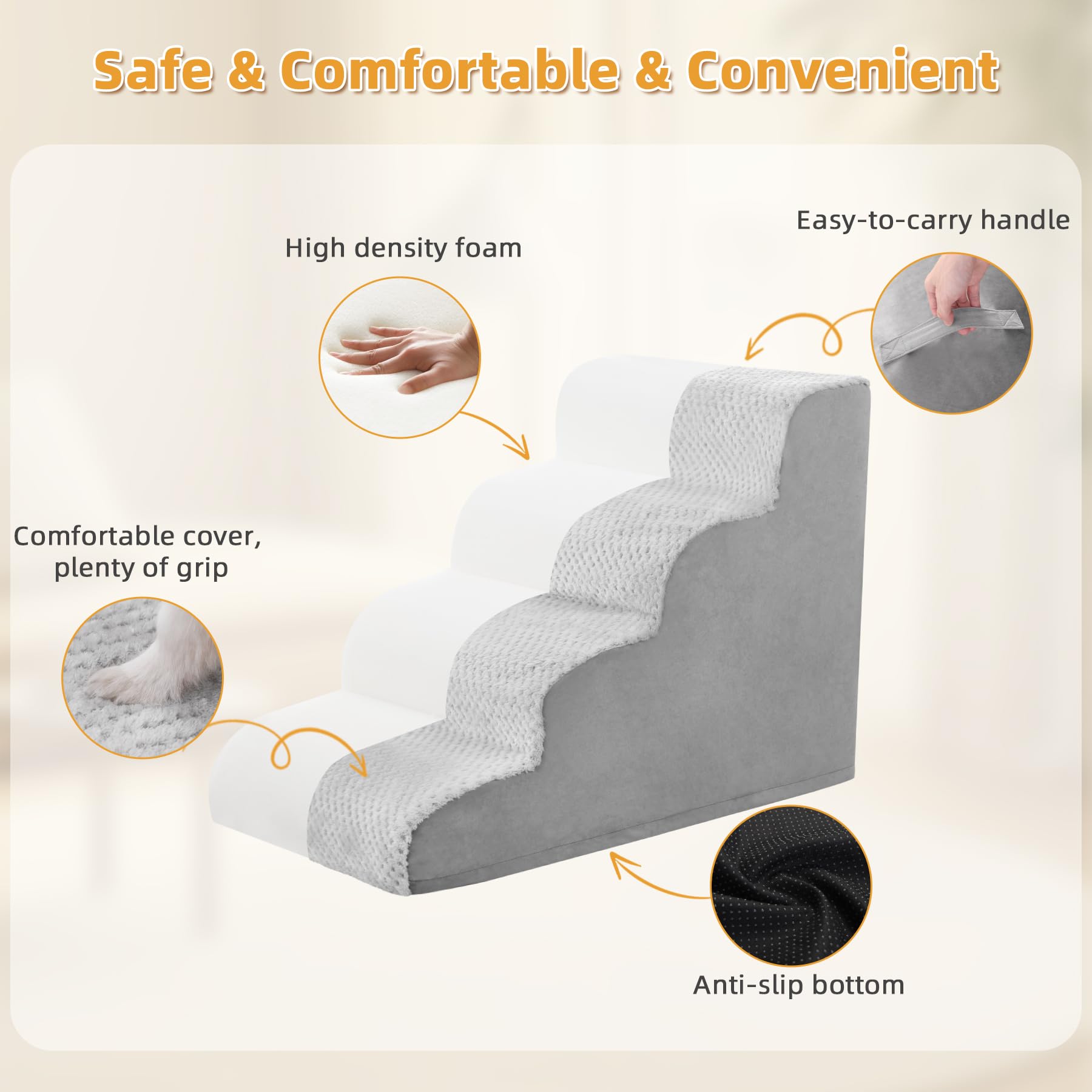 MIHIKK Dog Stairs Ramp - Curved 4-Step Pet Steps for Small Dogs & Cats, Grey, Anti-Slip Washable Cover, Durable Foam