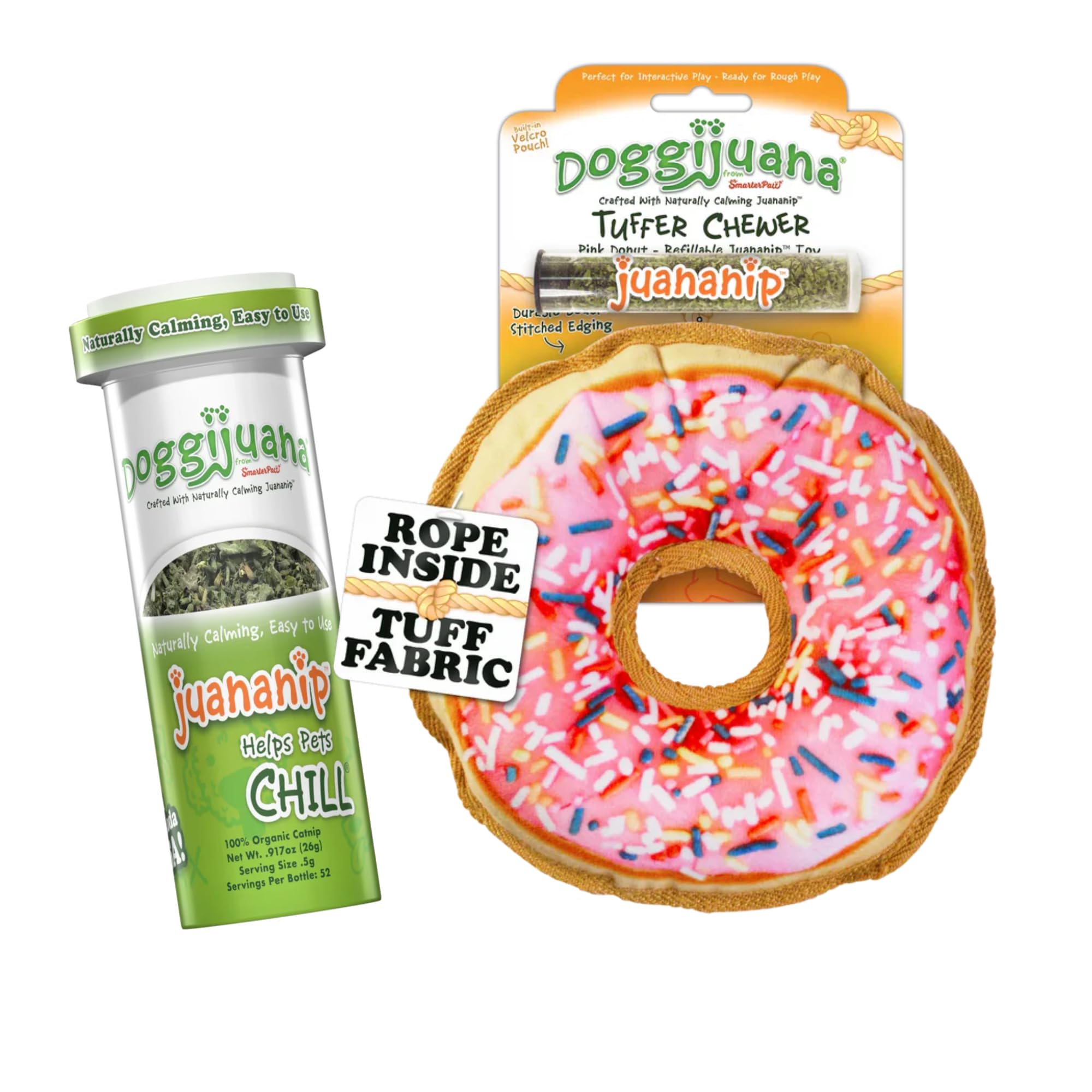 Doggijuana Doggi Duo Refillable Juananip Toy Bundle | Pink Donut & Juananip | Funny Dog Toy Plush with Catnip and Refill | Inter