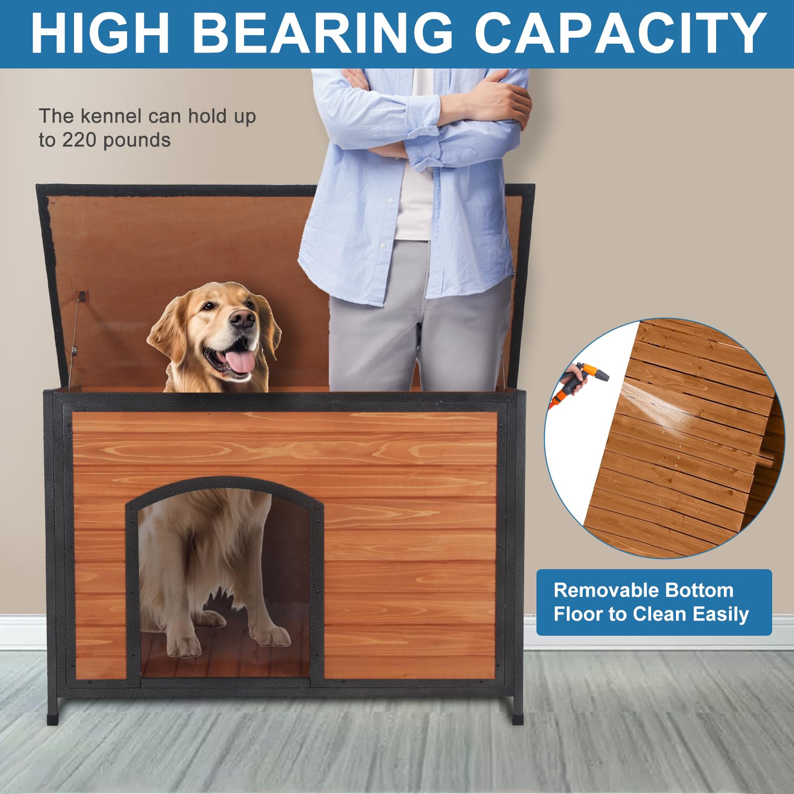 Funxplore Dog House Outdoor Weatherproof 43.3'' L Chew Proof Dog Kennel For Small Medium Large Dogs With Strong Metal Chew Proof