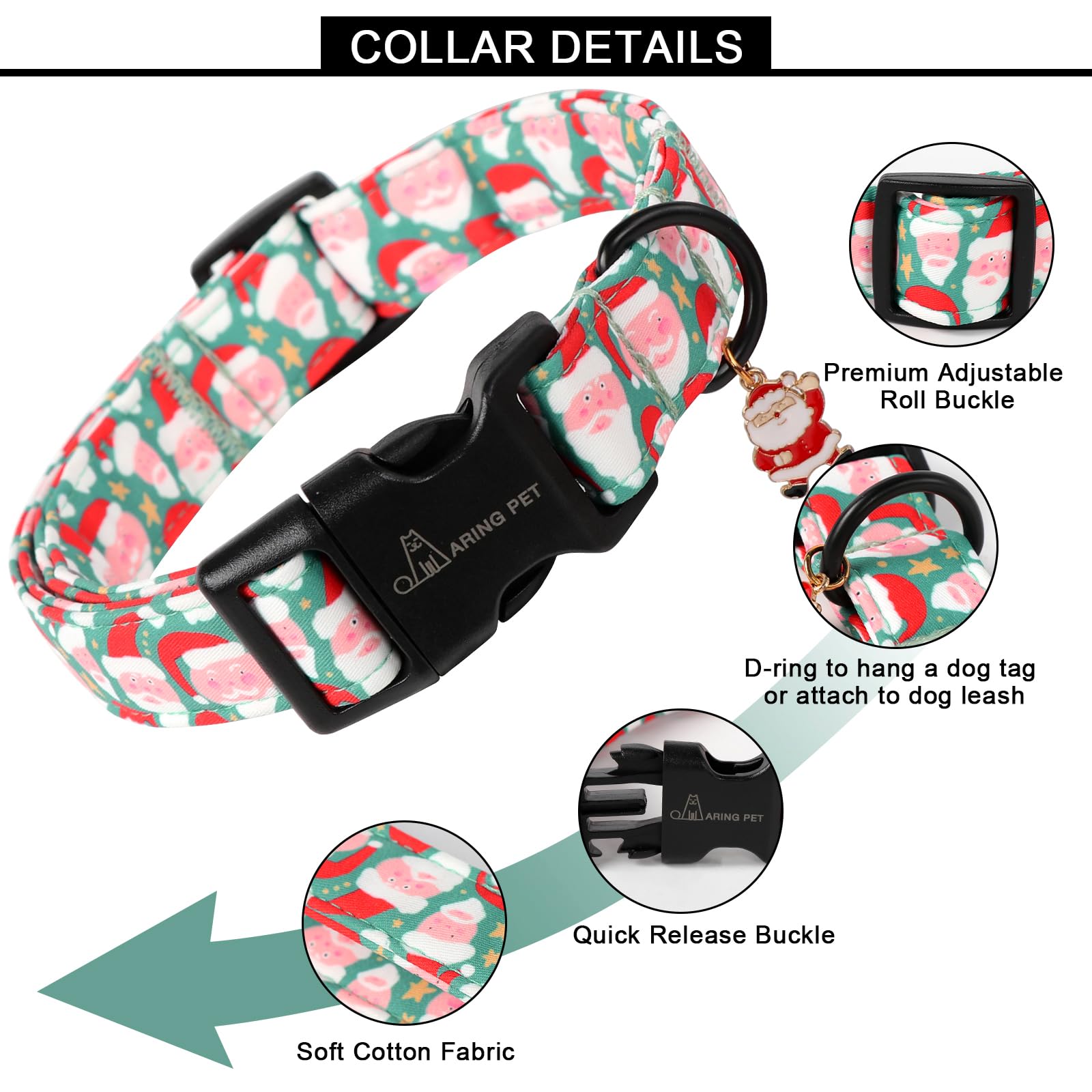 Aring Pet Christmas Dog Collar-Cute Green Santa Claus Dog Collars, Adjustable Christmas Pet Collars Puppy Collar With Quick Rele