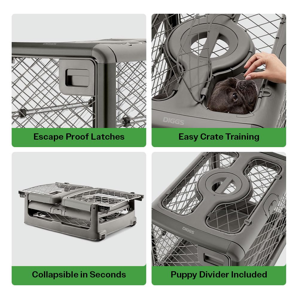 Diggs Revol Collapsible Dog Crate With Wheels - Premium Portable Dog Crate - Safe, Stylish, And Convenient Indoor Kennel (Smoke,