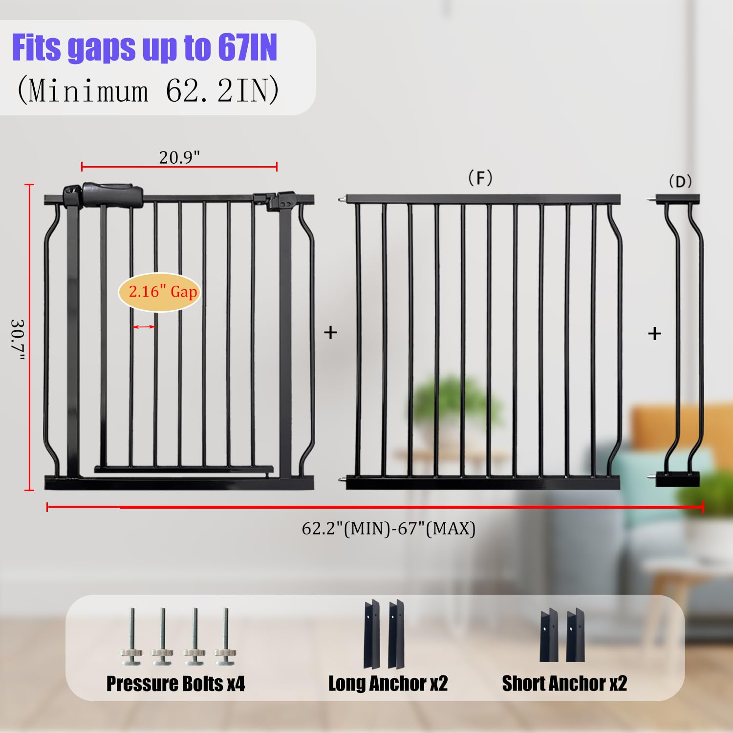 Vothco Extra Wide 62-67 Inch Baby Gates for Stairs, Doorways - No Drilling, Pressure Mounted Pet Gates for Kids & Dogs