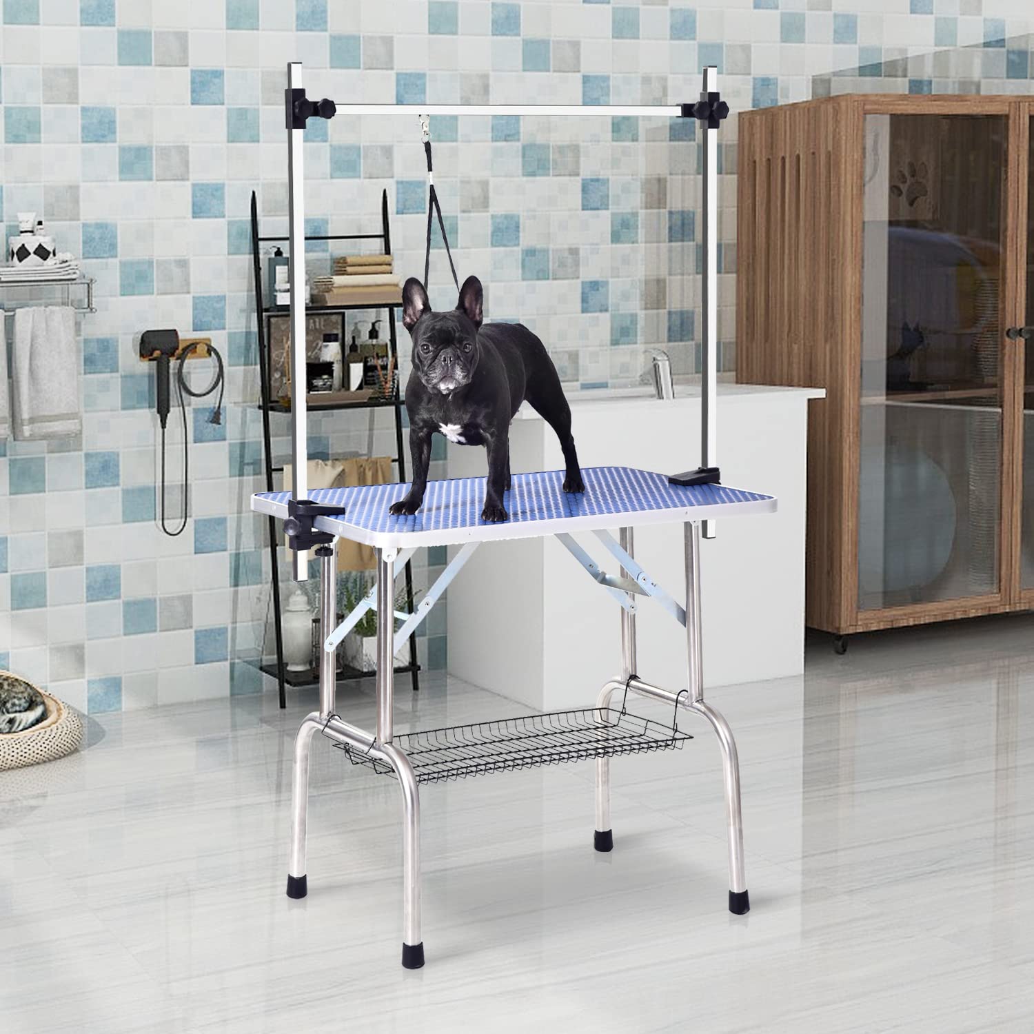 Soarflash Pet Dog Grooming Table Foldable,Heavy Duty Foldable Pet Grooming Table With Arm & Noose & Mesh Tray, Maximum Capacity Up To 330Lbs, 36Inch, Blue
