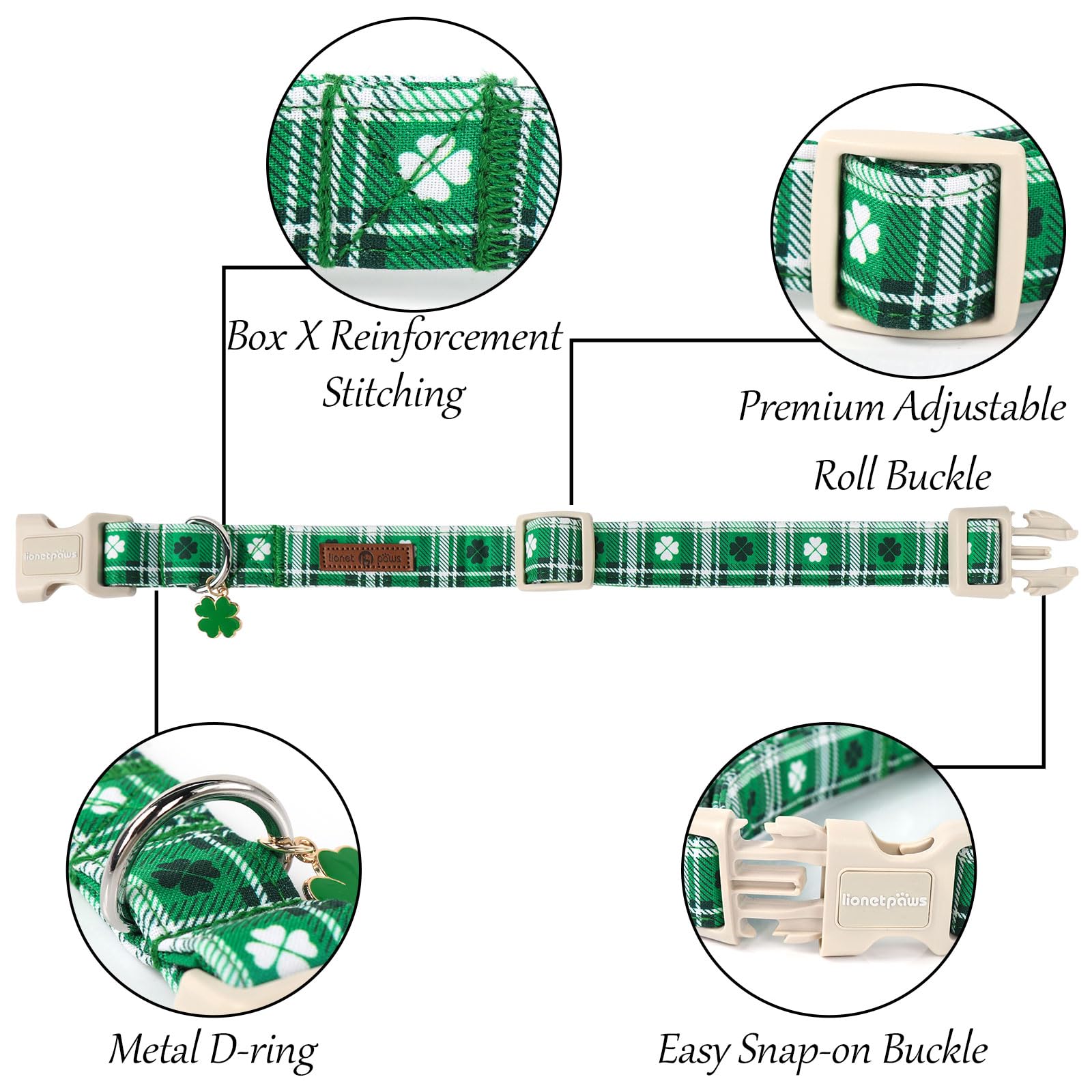 Lionet Paws St. Patrick Dog Collar, Comfortable Adjustable Green Collar With Green Grid Pattern For X-Small Male Female Puppies