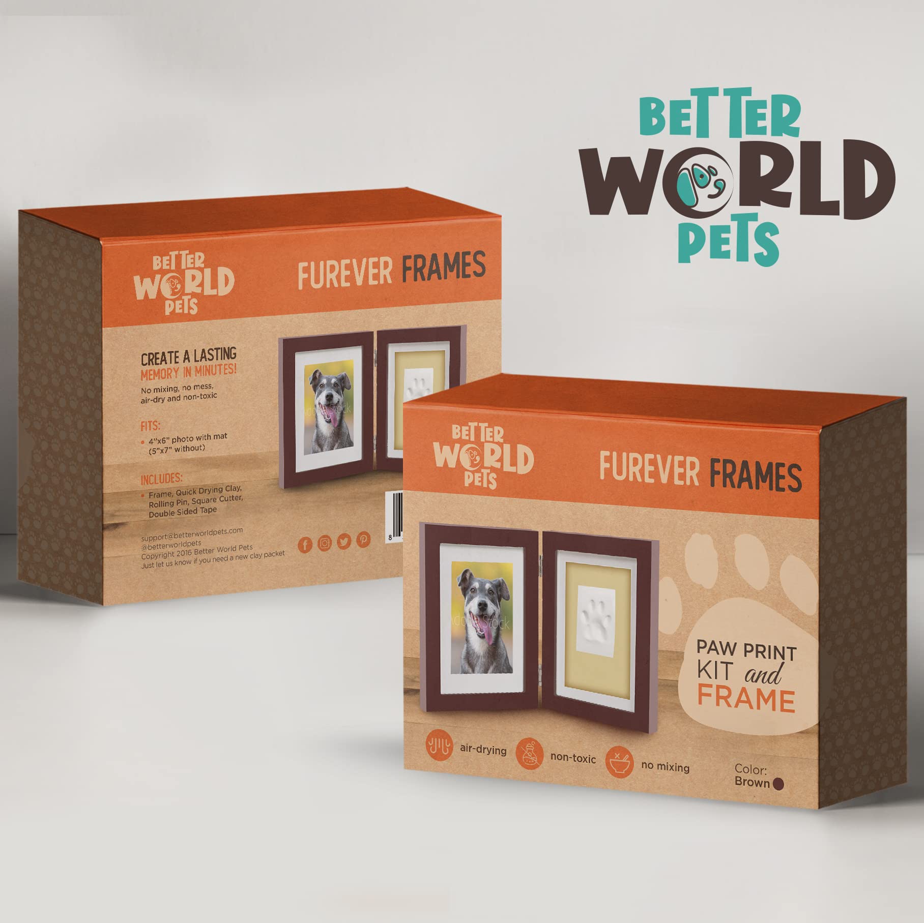 Better World Pets Paw Print + Photo Keepsake Frame Holds 4 X 6 Inch Or 5 X 7 Picture - Memorial Clay Imprint Kit - For Dogs And