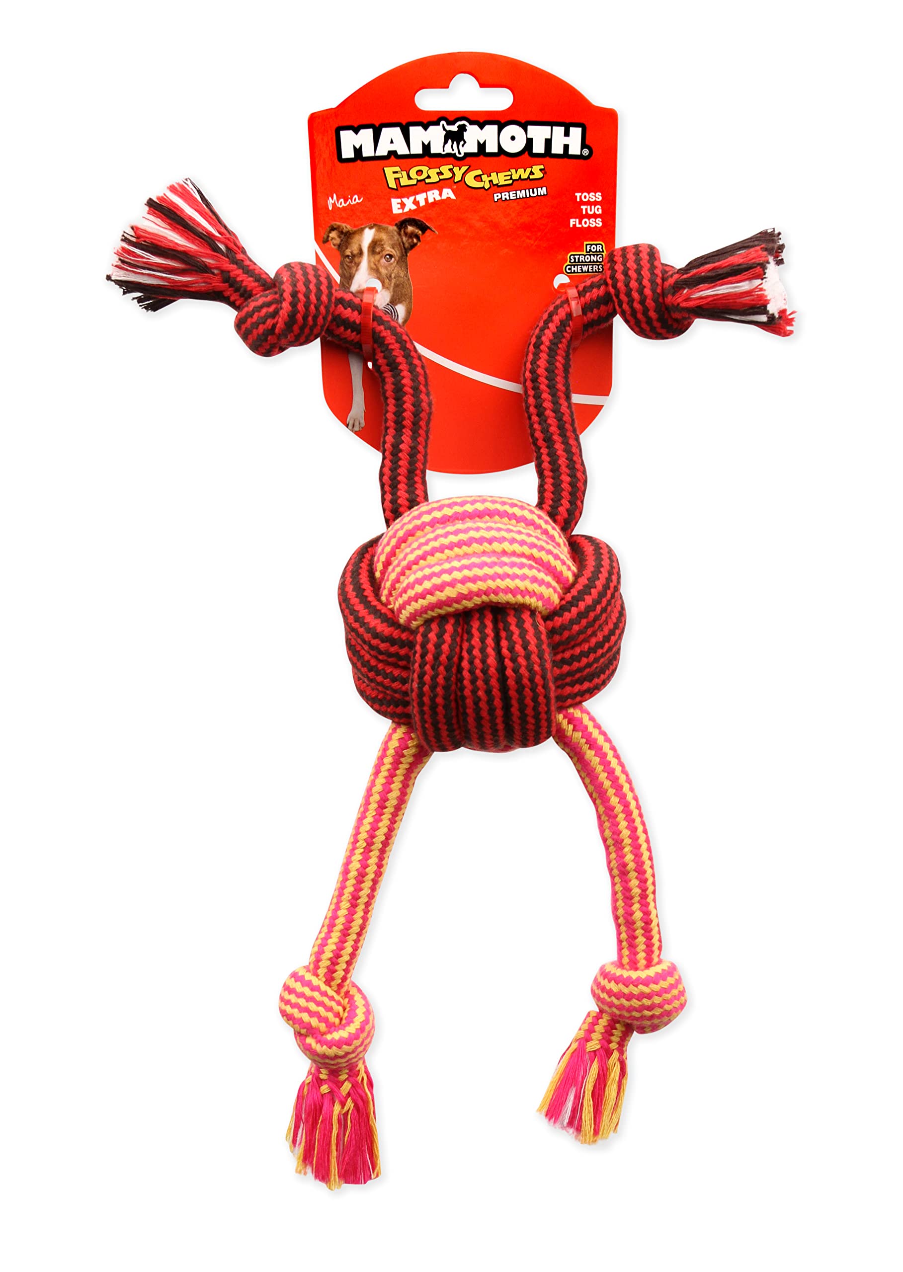 Mammoth Pet Products Flossy Chews Premium Cotton-Poly Extra Monkey Fist Ball With Rope Ends, Medium 14-Inch, Assorted Colors