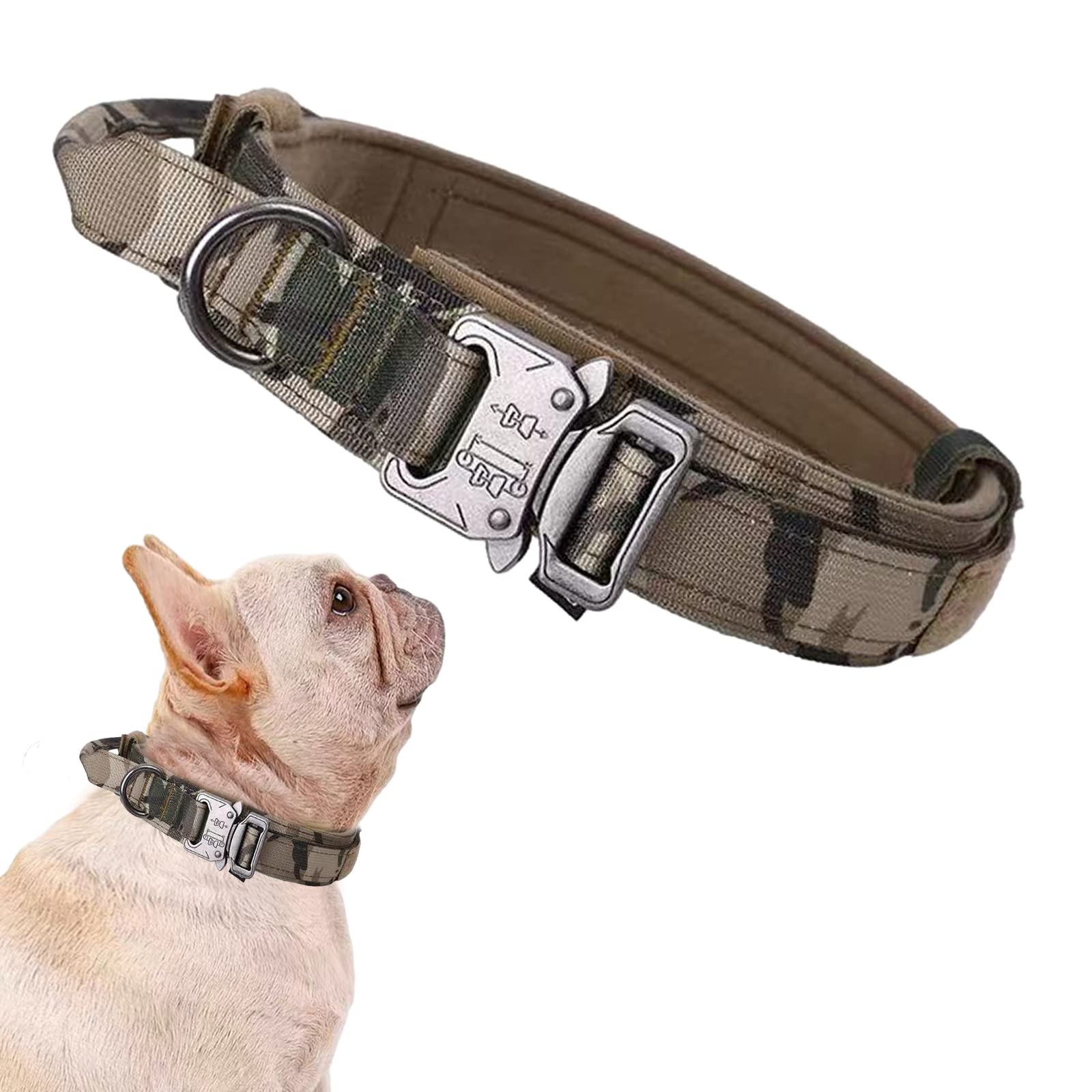 Tactical Dog Collar Military Dog Collar Adjustable Nylon Dog Collar Heavy Duty Metal Buckle With Handle For Dog Training (Camo,S)