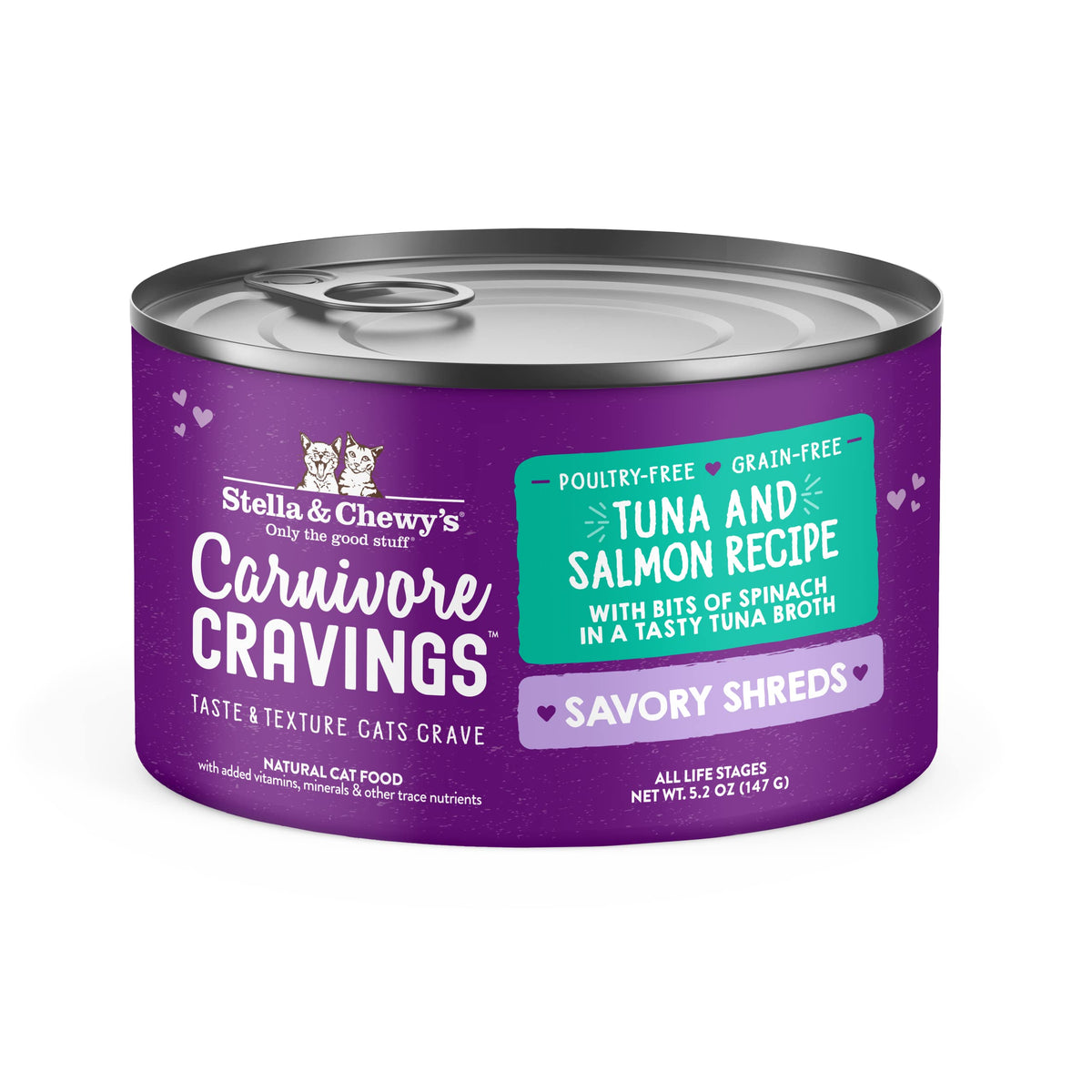 Stella & Chewy’S Carnivore Cravings Savory Shreds Cans – Grain Free, Protein Rich Wet Cat Food – Wild-Caught Tuna & Salmon Recipe – (5.2 Ounce Cans, Case Of 8)