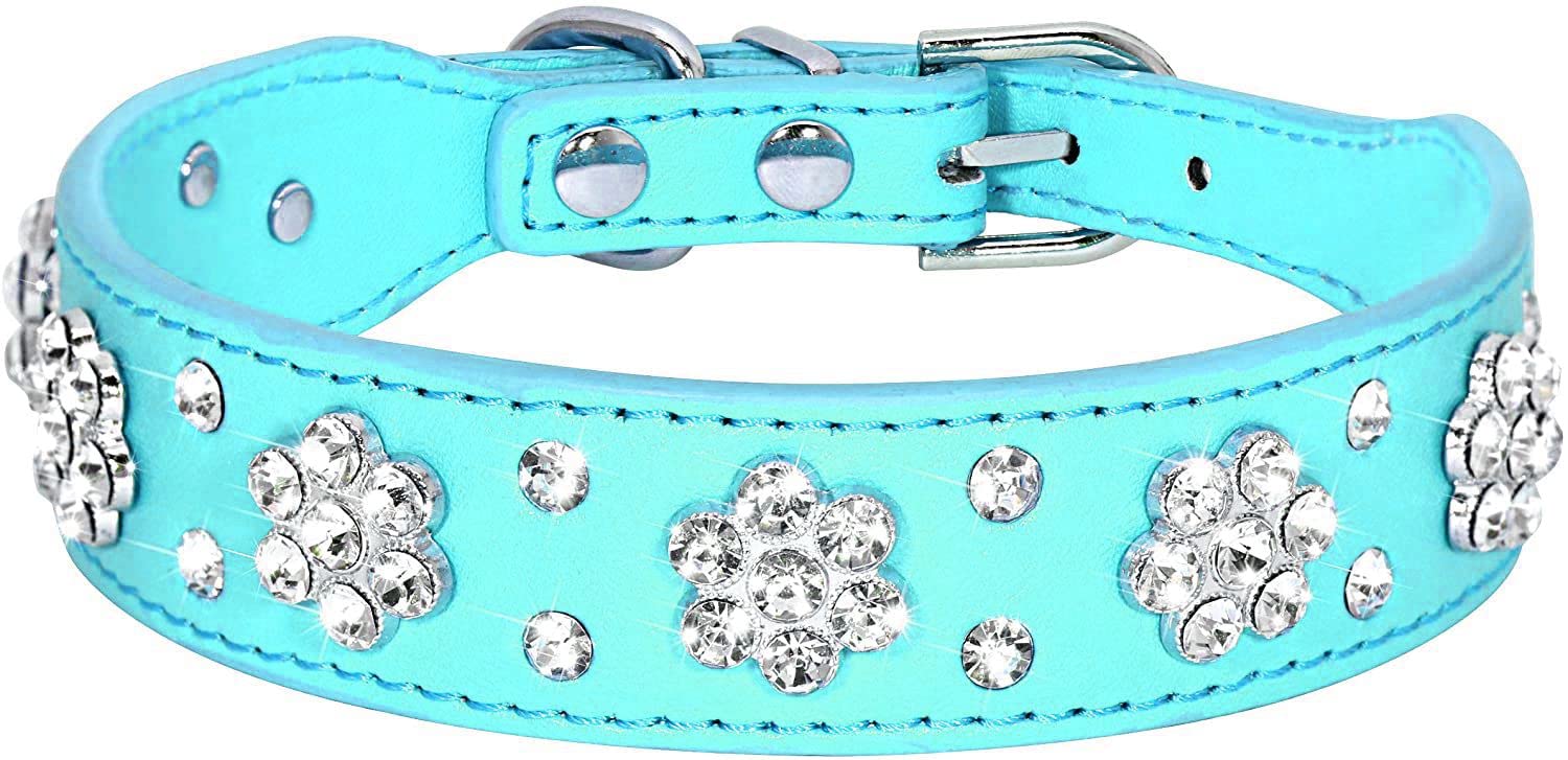 Serijoars Rhinestone Dog Collar - Cute Flower Bling Pu Leather Collar For Cats And Dogs, Adjustable Sizes Xs Small Medium (M, Li