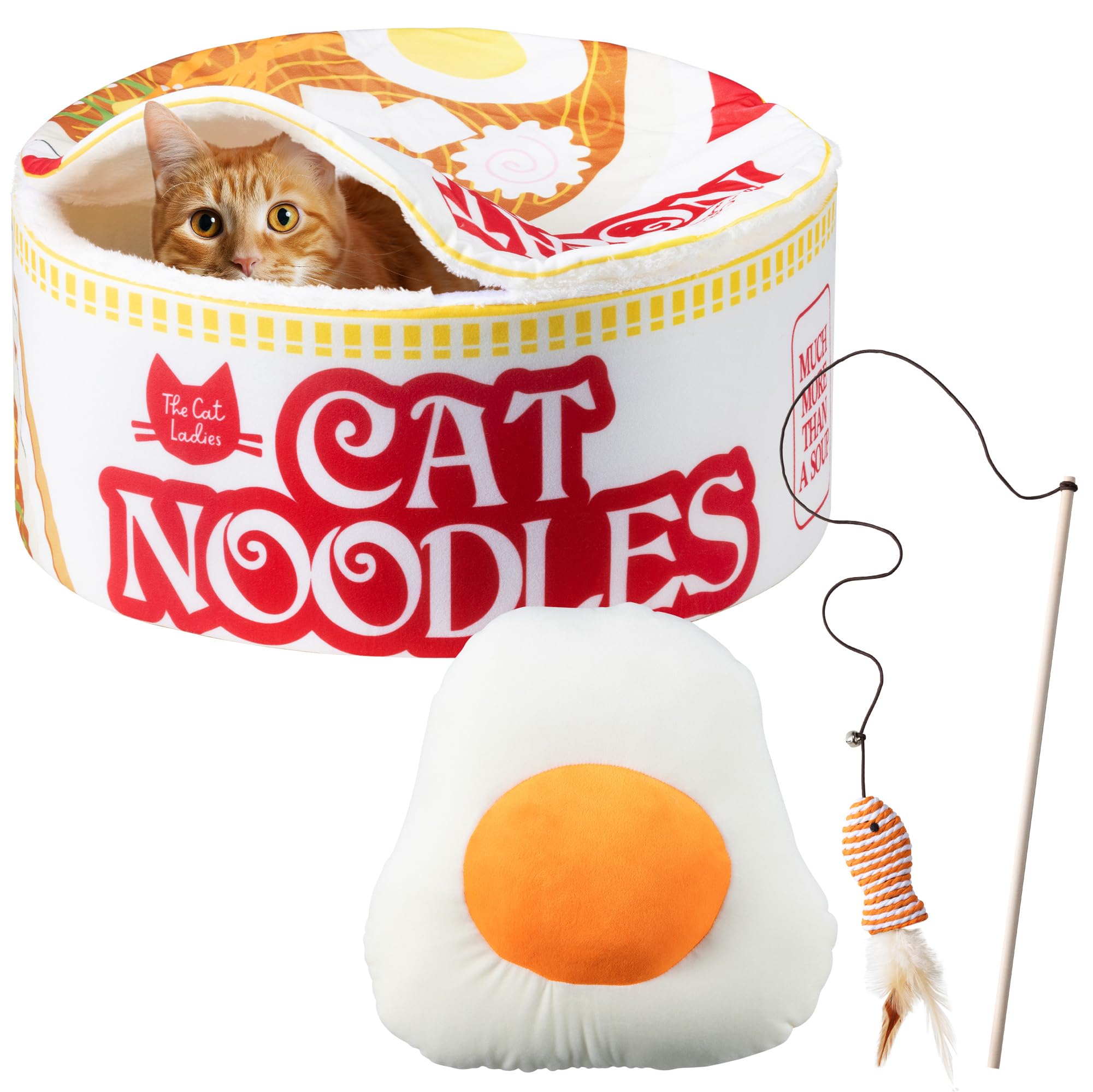 Cat Ladies Ramen Cat Bed - Cozy 5-Piece Soft Nest Set With Blanket Pillows And Teaser Toy - Compact Noodle Bowl-Themed Pet Beds 