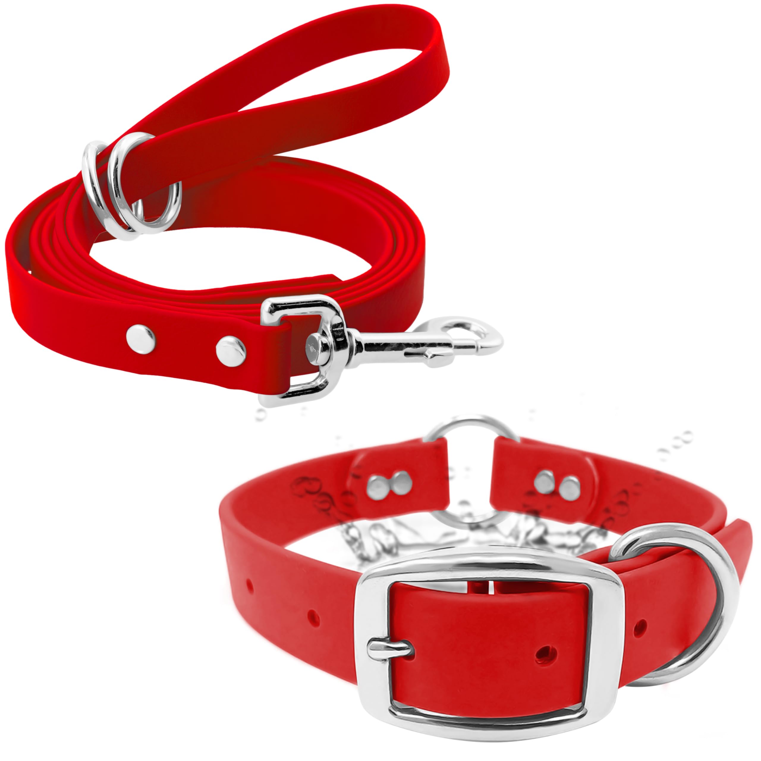 Regal Dog Products Large Red Waterproof Dog Collar And Leash Set - Vinyl Coated Biothane Pet Training Collar With Heavy Duty Cen