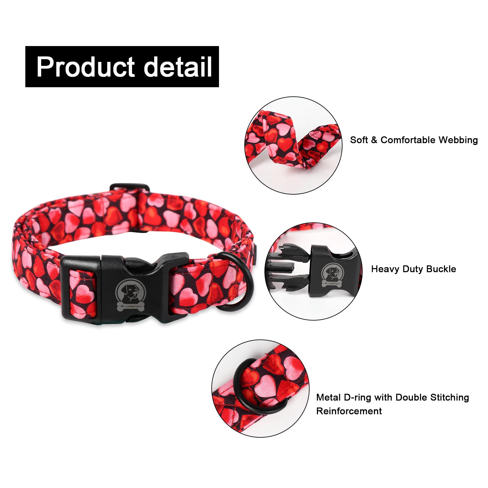 Mr. Chubbyface Valentines Dog Collar,Cute Pink Love Heart Cotton Dog Collar, Adjustable Valentine Girl Female Male Pet Collars W