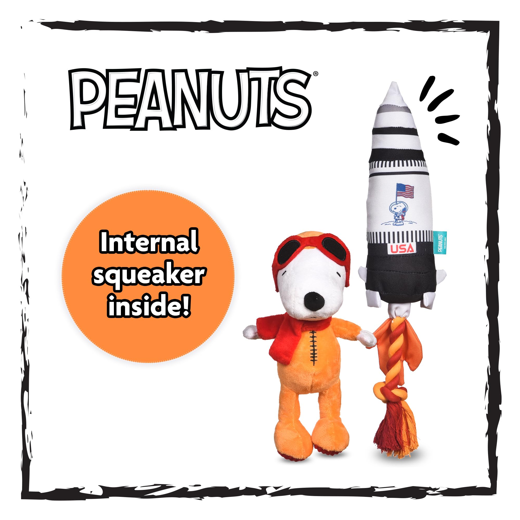 Peanuts For Pets Space Explorer Snoopy Plush And Rocket Ship Rope Tug Dog Toy Set, Squeaky Puppy Toys, Stuffed Animal, Ideal For