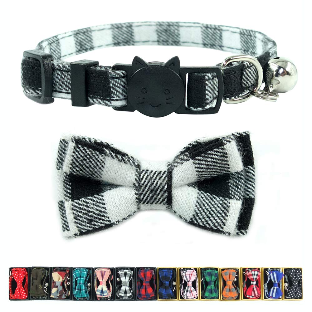 Cat Collars Breakaway With Bell And Bow Tie, Plaid Design Adjustable Safety Kitty Kitten Collar(6.8-10.8In) (Black Plaid)