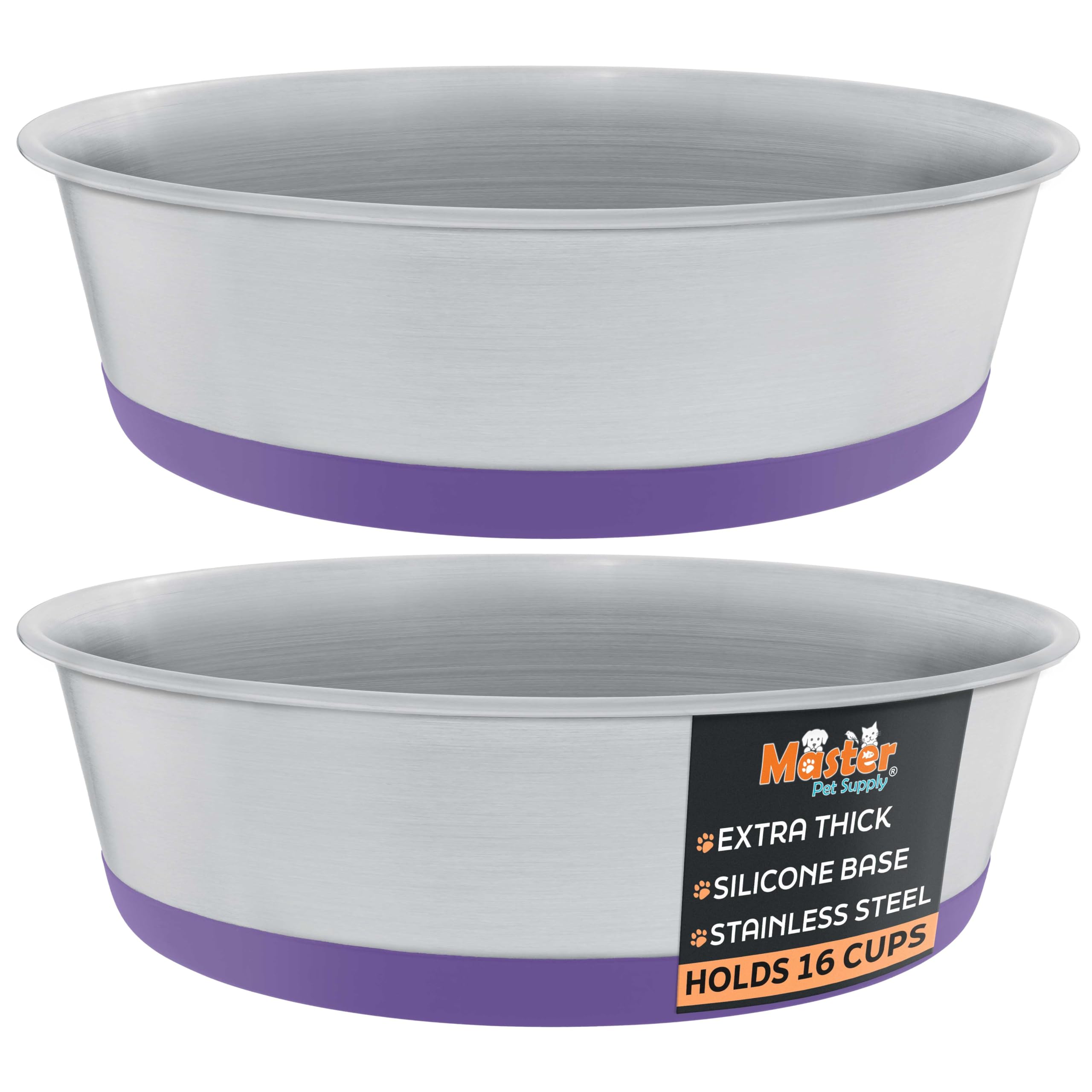Master Pet Supply Stainless Steel Dog Bowls Set of 2 with Extra Thick Silicone Base - 16 Cup (128 oz) Plum Crazy, Non-Slip, Dish