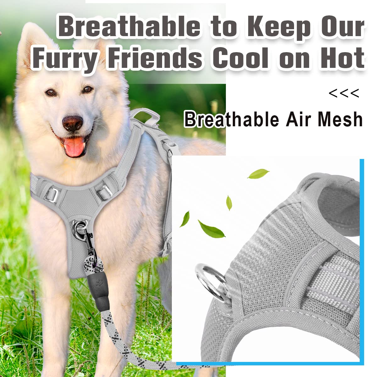 Barkbay No Pull Dog Harness Front Clip Heavy Duty Reflective Easy Control Handle For Large Dog Walking With Id Tag Pocket(Grey,S)