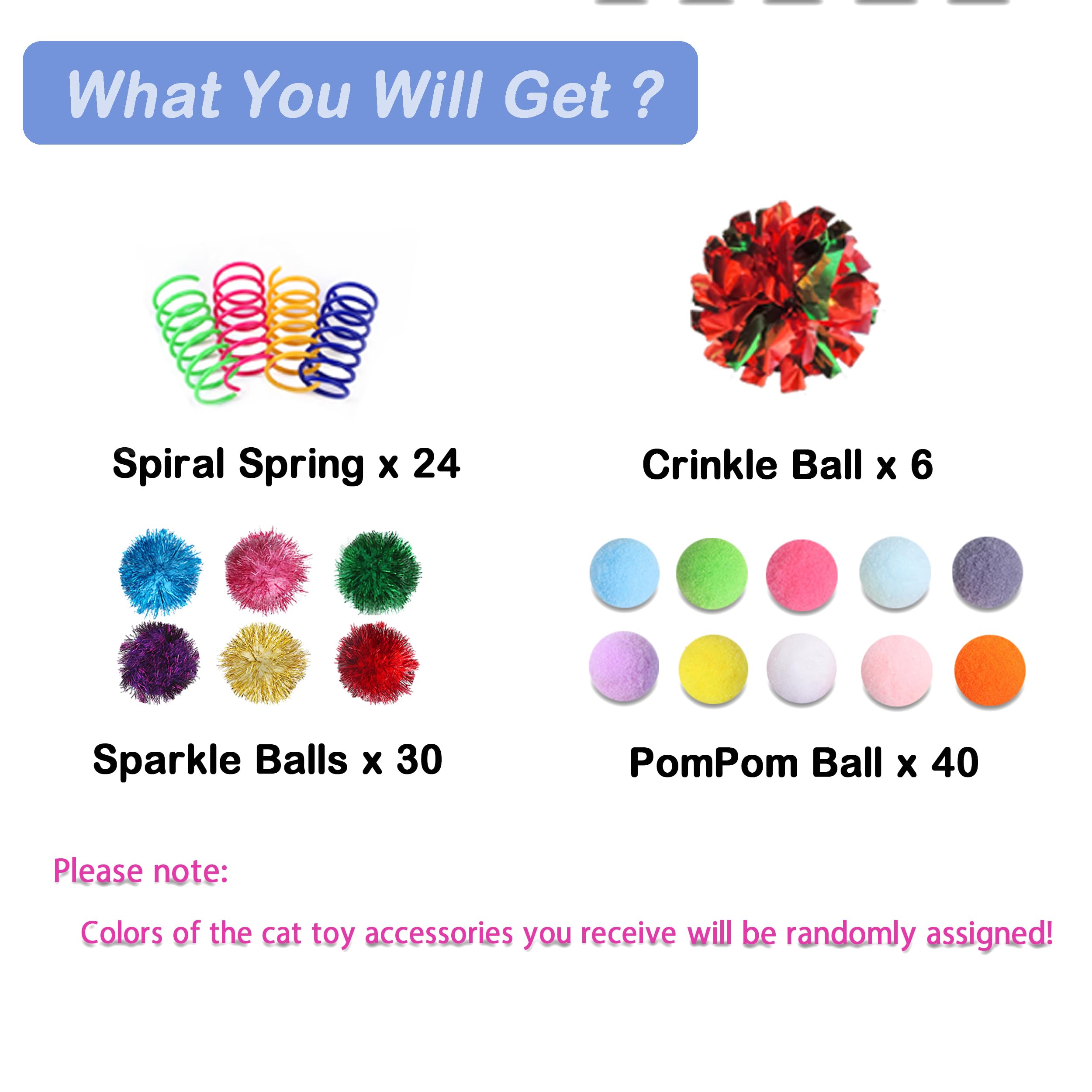 Posapet 100Pcs Cat Toys Assortment - Interactive Kitten Toy Bundle With Sparkle Balls, Premium Silent Soft Pom Poms, Crinkle Bal