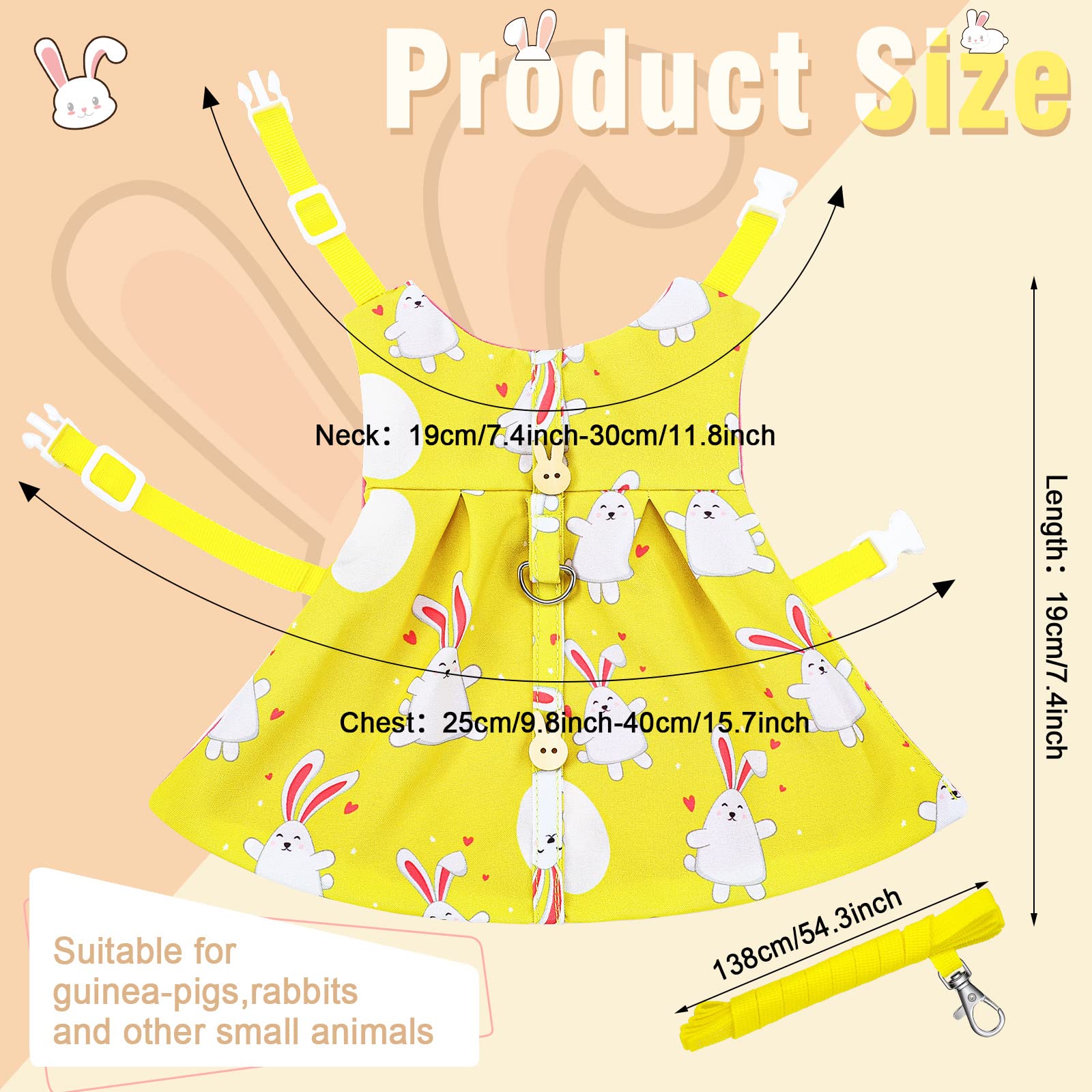 3 Piece Cute Rabbit Leash And Harness Set, Bunny Rabbit Dress Clothes Walking Harness Vest Escape Proof Pet Supply For Rabbit Hedgehog Ferret Guinea Pig (Cake, Bunny, Pineapple)