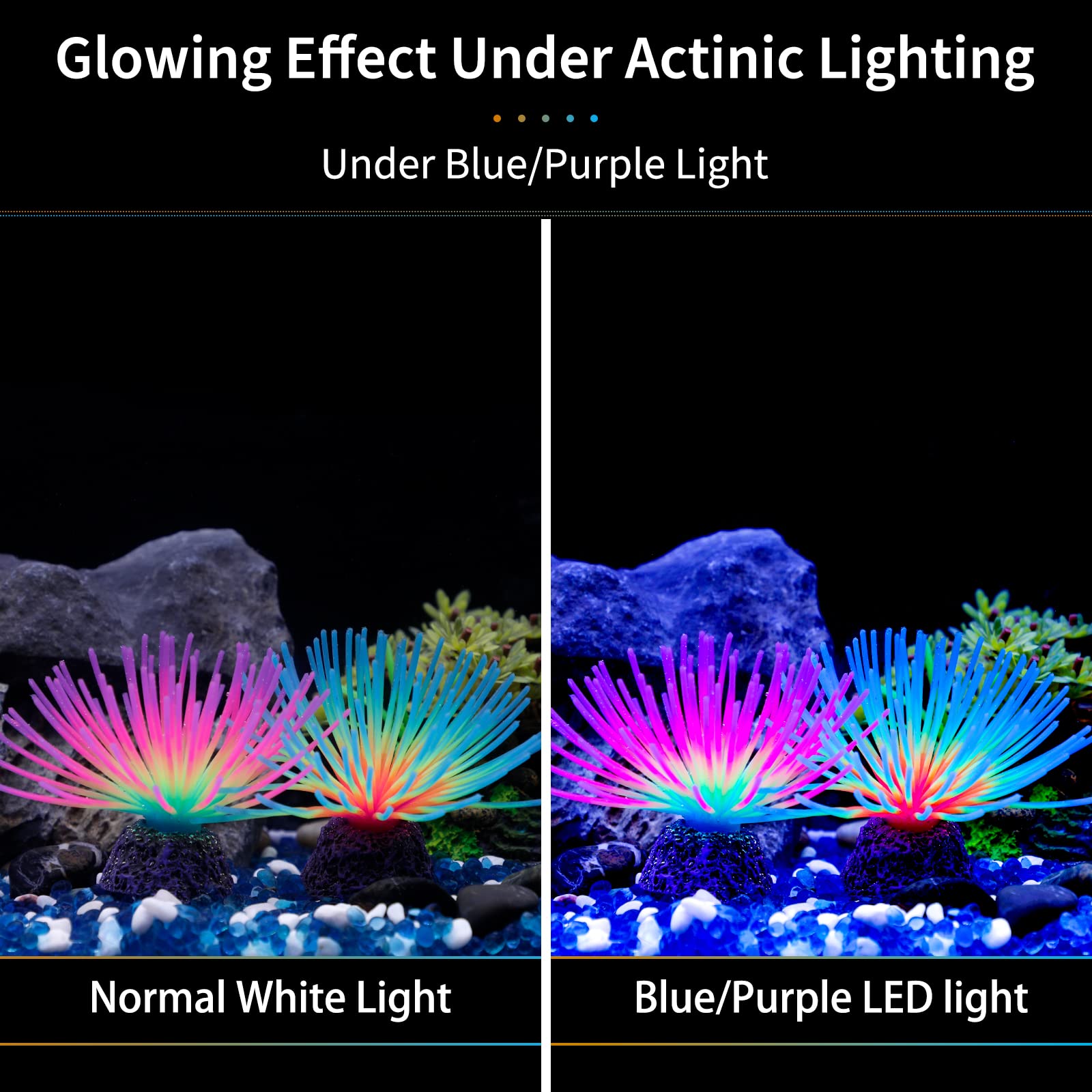 Uniclife Aquarium Imitative Rainbow And Iridescent Blue Sea Urchin Balls Artificial Silicone Ornament Set With Glowing Effect For Fish Tank Landscape Decoration