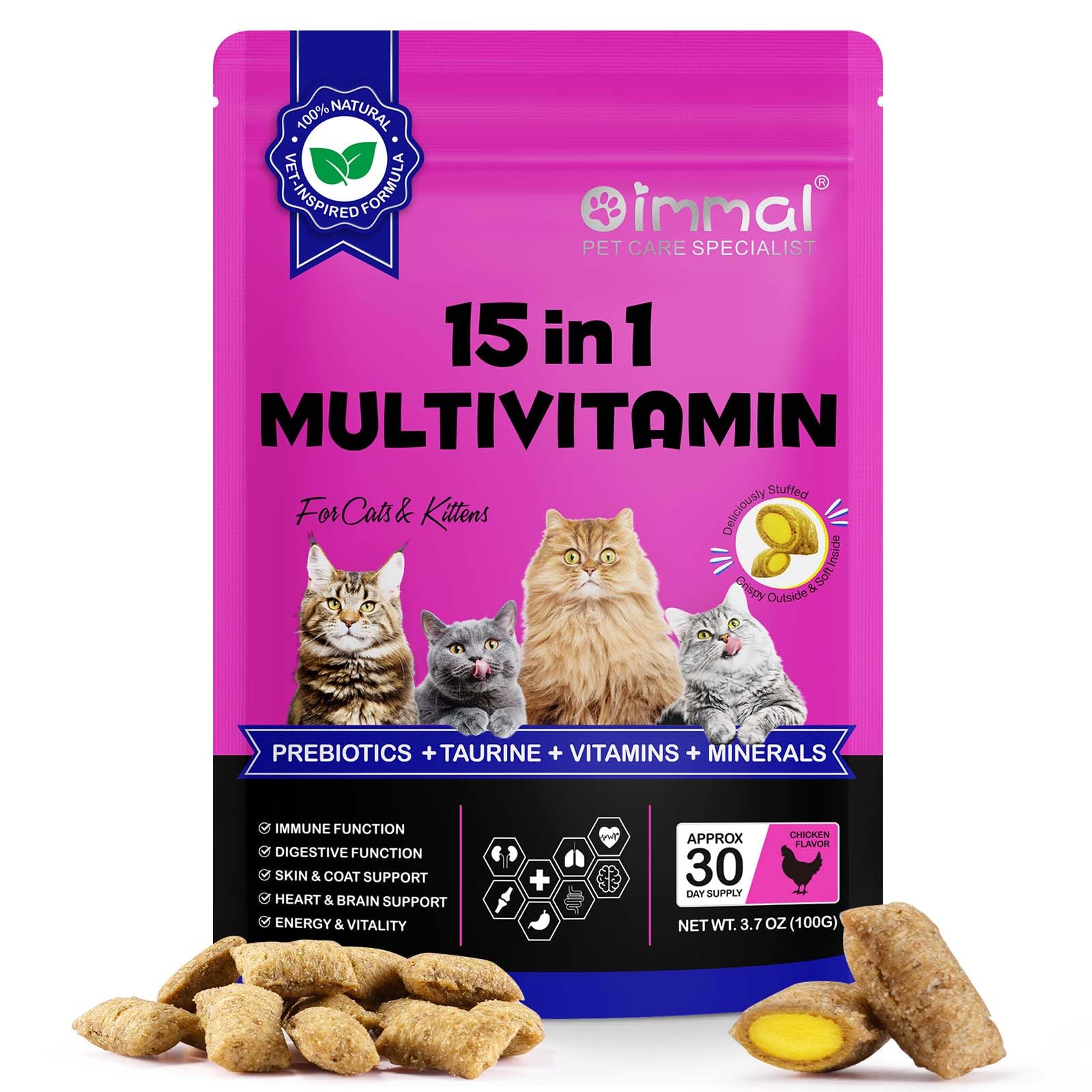 Cat Vitamins Treats, 15 in 1 Cat Multivitamin Chews Vitamins with Taurine, Omega-3s Fatty Acids, Prebiotics for Health, Bones, J