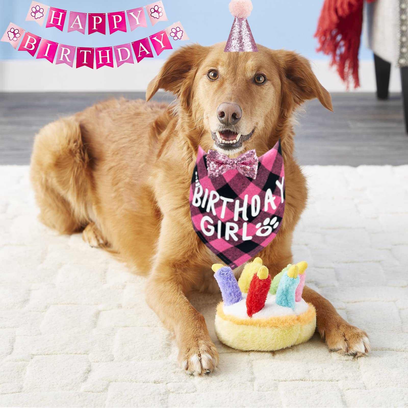 Dog Birthday Bandana Hat Scarf Set, Dog Birthday Party Supplies Dog Bandana Hat Scarfs Happy Birthday Banner With Cute Dog Bow Tie Collar Boy Girl Puppy Birthday Hat Scarf Classic Plaid Design (Pink)