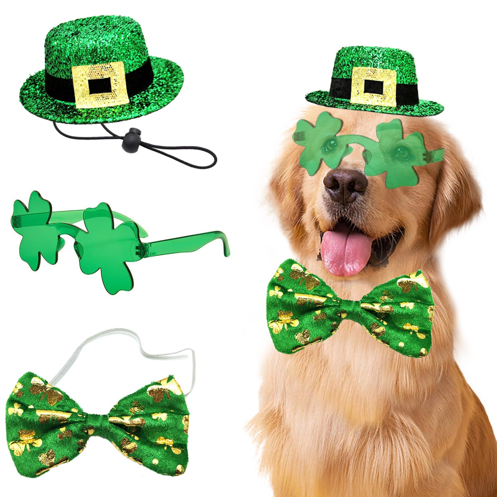 St Patrick'S Day Dog Costume 3 Pcs Irish Leprechaun Green Tall Hat Pet Shamrock Sunglasses Bow Tie Kit For Large Dogs Saint Patr