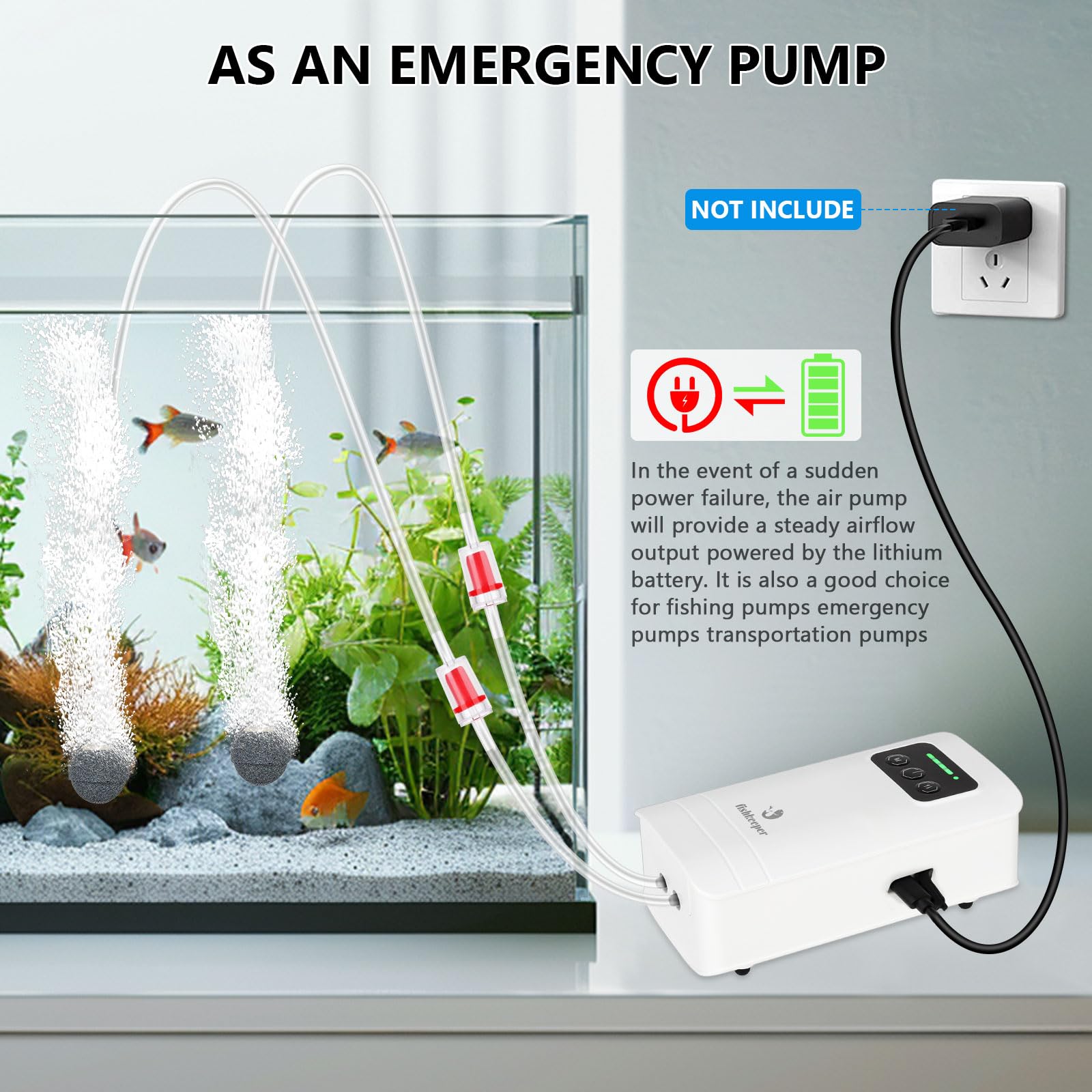 fishkeeper Battery Powered Aquarium Air Pump, USB Rechargeable Aerator Fish Tank Air Pump for 10-210 Gallons Portable Oxygen Pum