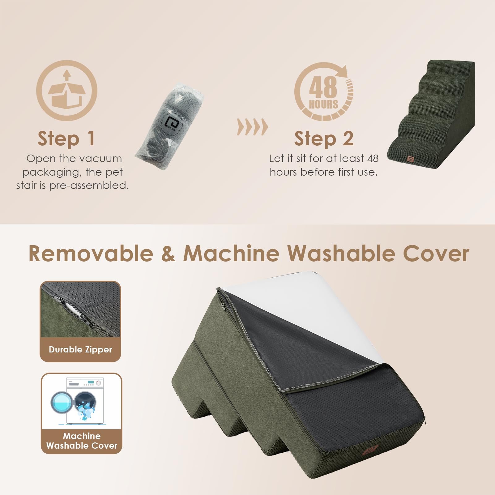 Eheyciga Curved Dog Stairs Ramp For High Beds 22.6' H, 5-Step Dog Steps For Small Dogs And Cats, Pet Stairs For High Bed Climbing, Non-Slip Balanced Pet Step Indoor, Olive Green