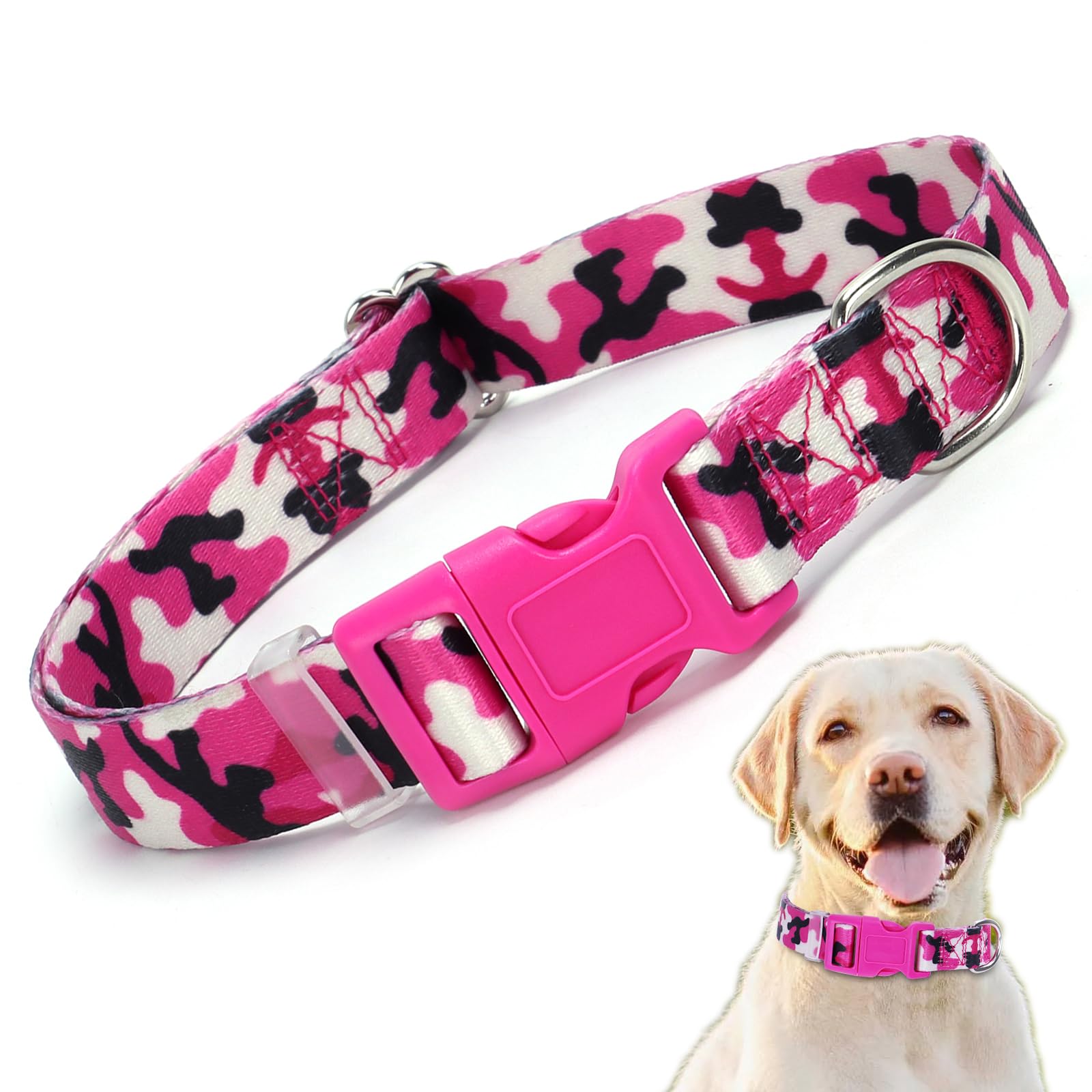 Pink Camouflage Dog Collar, Cute Pretty Camo Pattern Design Quick Release Buckle Soft Nylon Girl Dog Collars Adjustable for Smal