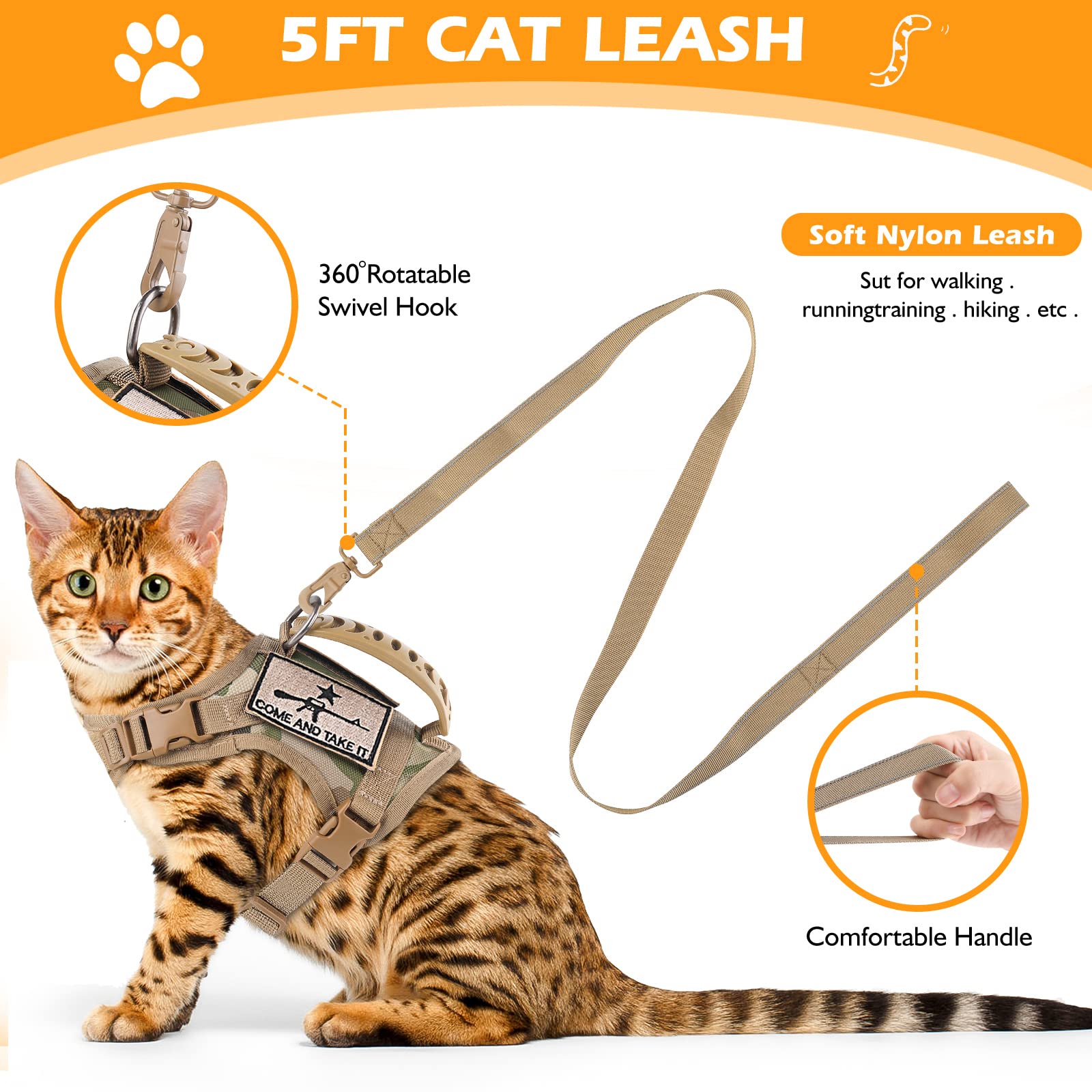 SALFSE Tactical Cat Harness and Leash Set for Walking Escape Proof, Adjustable Large Cat Vest Harness with Molle Patches, Soft M