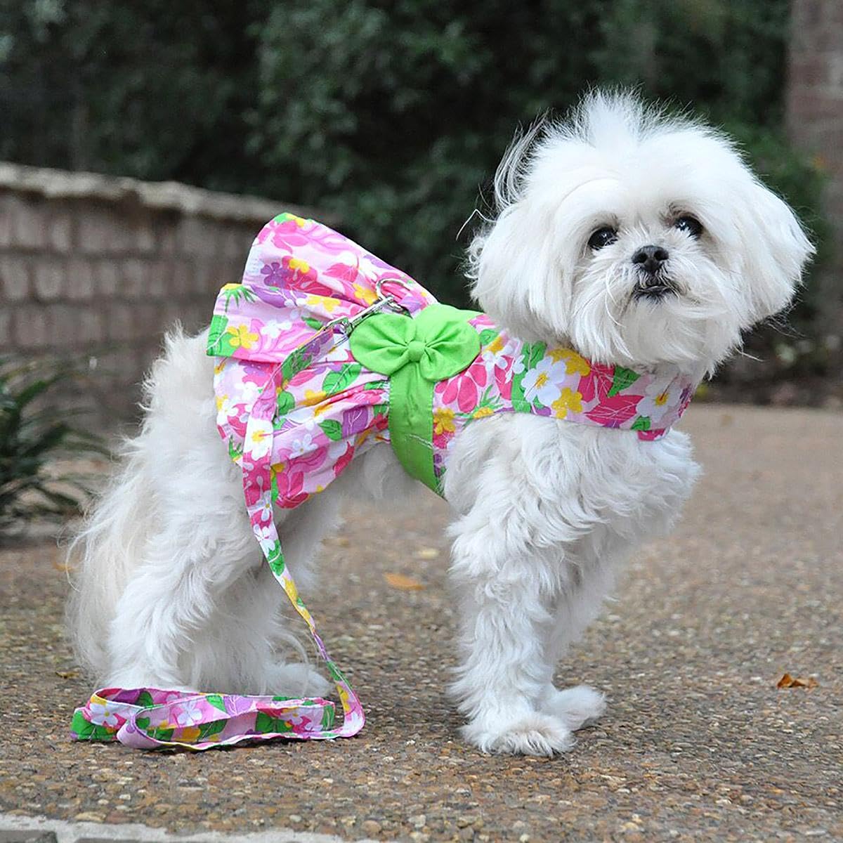 Doggie Design Pink Hawaiian Floral Dog Harness Dress With Matching Leash (Medium)