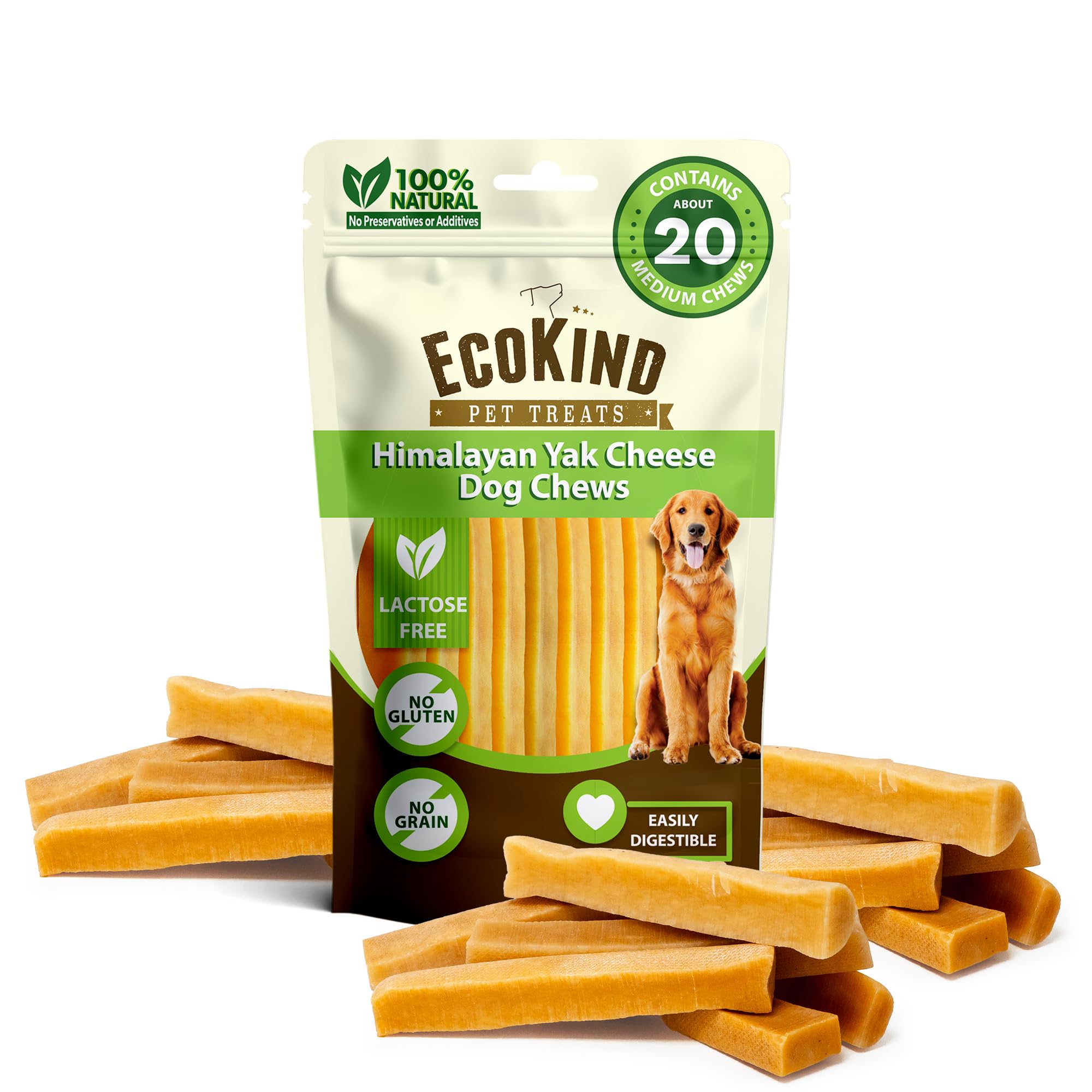 EcoKind Premium Gold Yak Cheese Himalayan Dog Chews, Healthy Dog Treats for Medium Dogs, All Natural, Long Lasting Dog Chew for