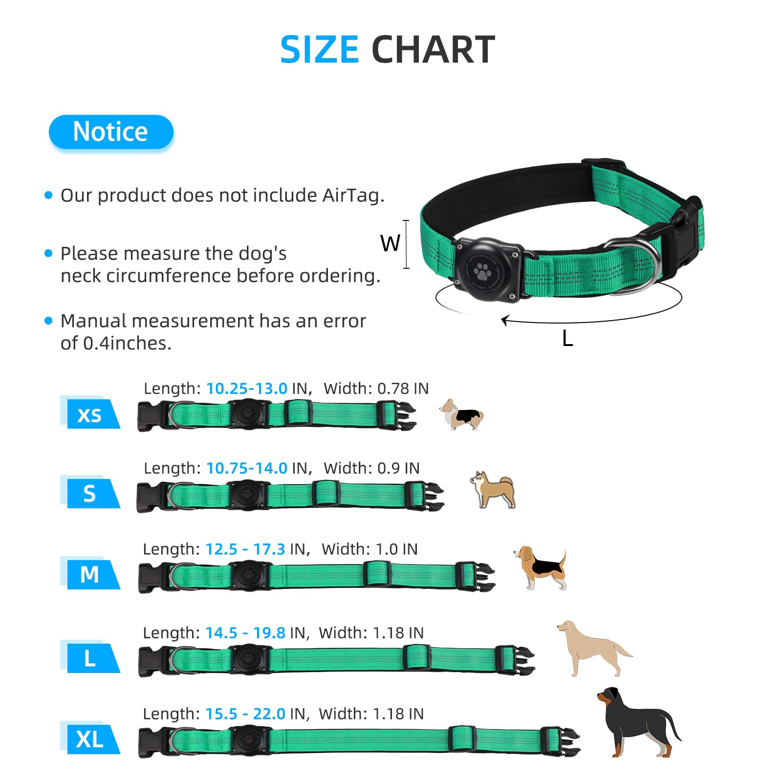 Upgraded Airtag Dog Collar, Ip68 Waterproof Air Tag Dog Collar Holder, Reflective, Ultra-Durable, Comfortable Padded, Heavy Duty Dog Collars For Small Medium Large Dogs (Xs (10.25'-13'), Teal)