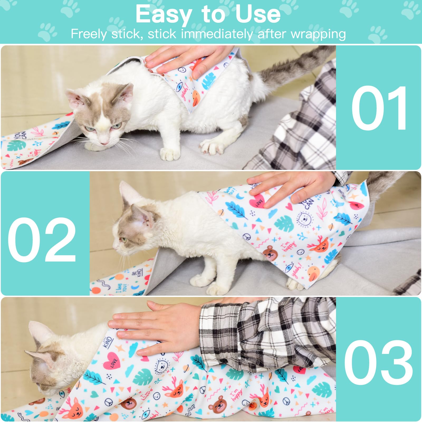 Cat Grooming Wrap, Cat Wrap for Cutting Nails, Self-Adherent Fabric Wrap for Cats, Cat Burrito Wrap Anti-Scratch, Anti-Escape, M