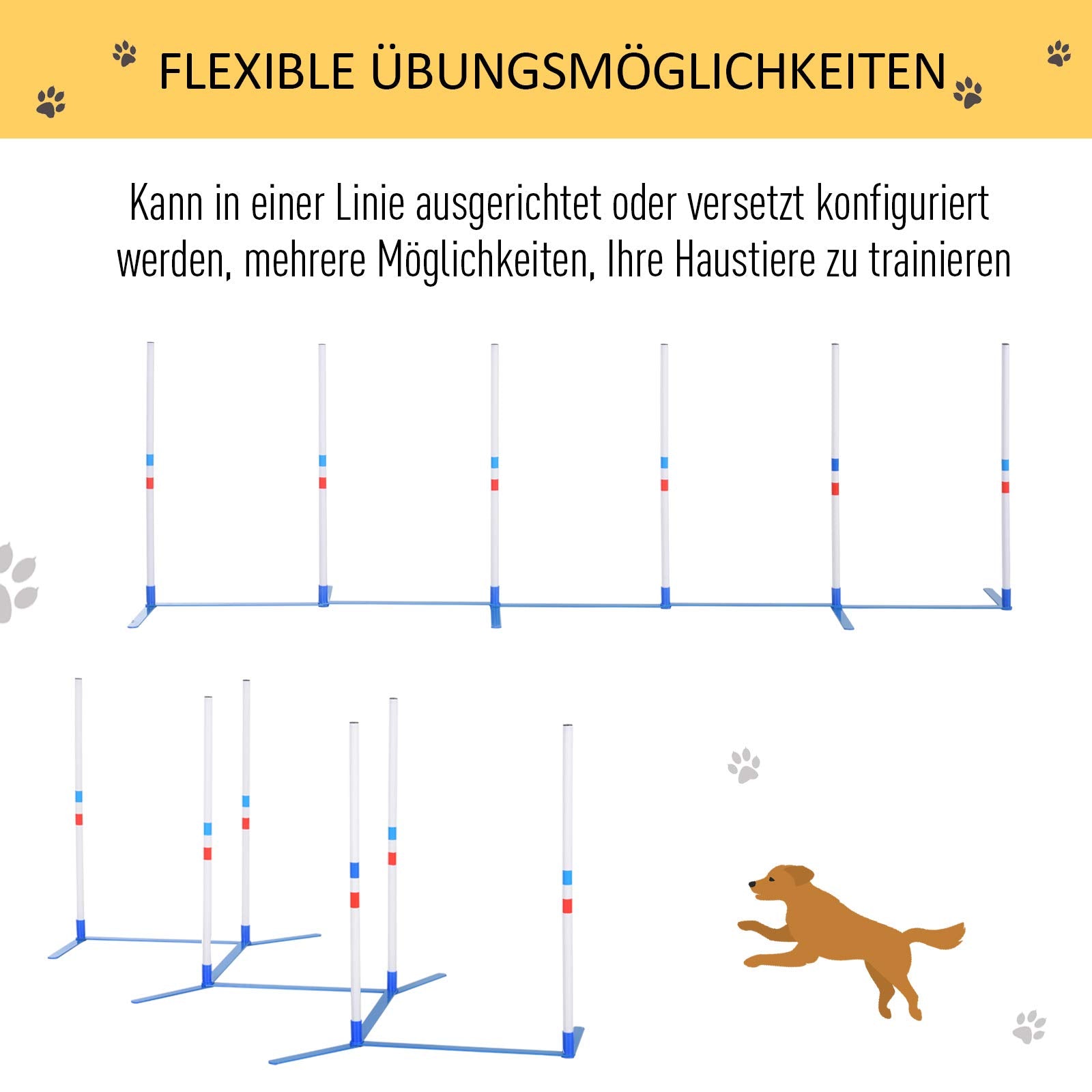 PawHut Dog Agility Training Set - Slalom Poles with 600D Carry Bag, PE Plastic, 305x60x94 cm, White + Blue