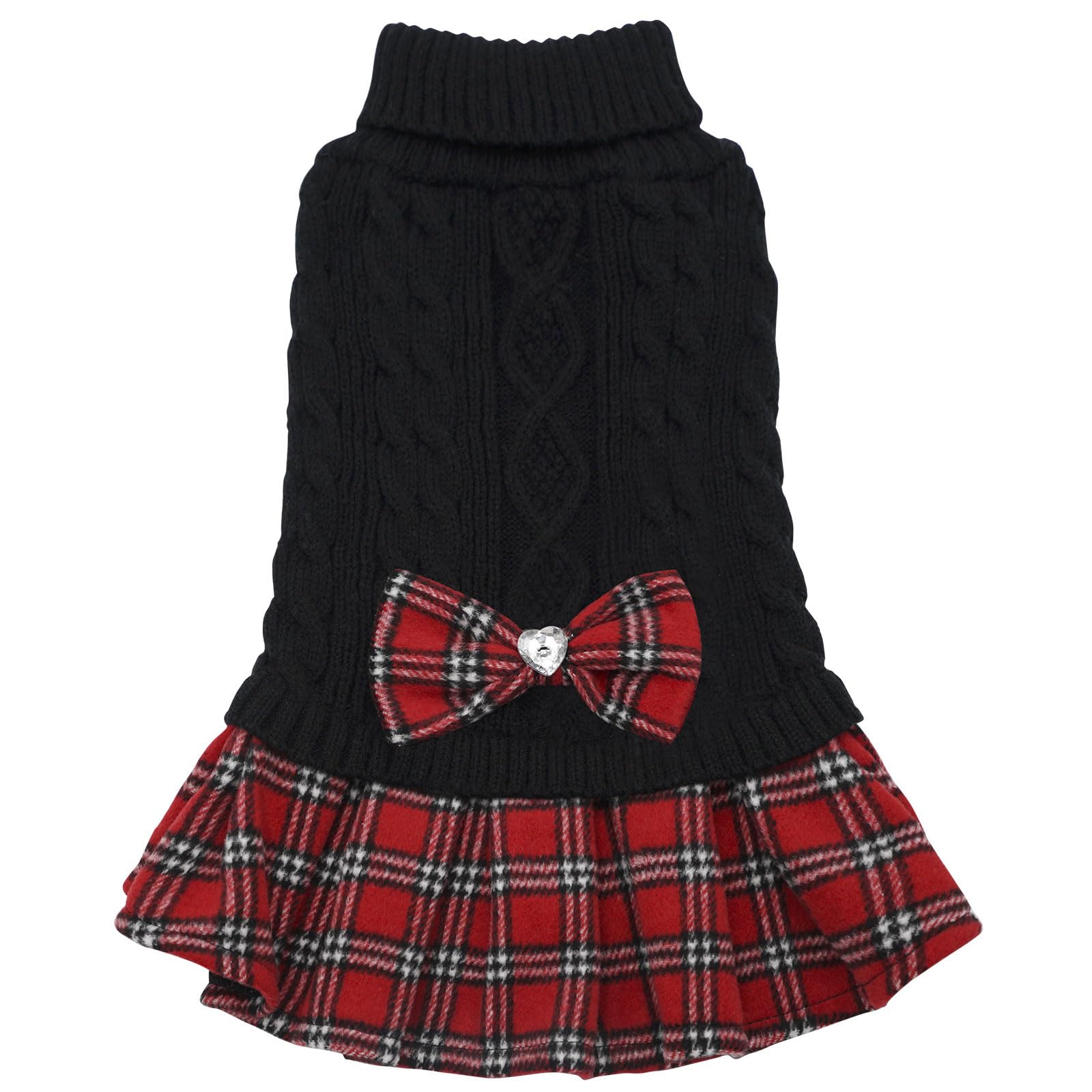 Kyeese Dog Sweater Dress With Leash Hole Bowtie Checkered Turtleneck Dog Sweaters For Small Dogs Warm Pet Sweater Black