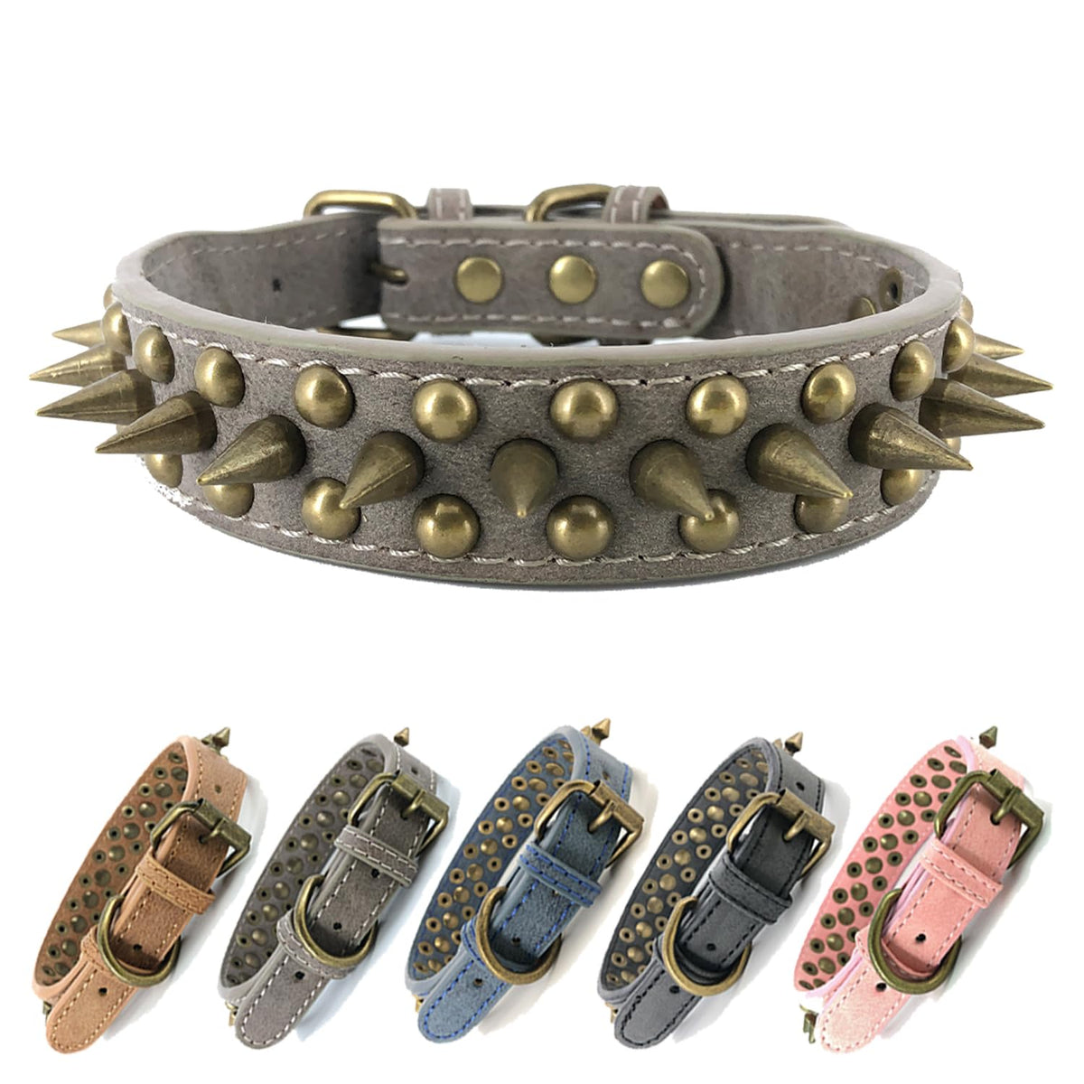 Spiked Studded Dog Collar-Bronze Pointed Stud Anti-Bite Collar (Grey,L)