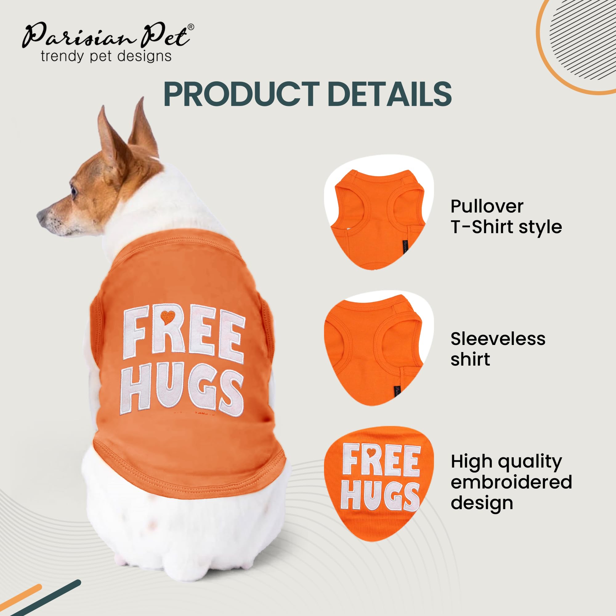 Parisian Pet Dog T-Shirt - Embroidered ' Free Hugs ' Dogs Apparel - 100% Cotton, Dog Clothes - Sleeveless Doggy Tank Top - Machi