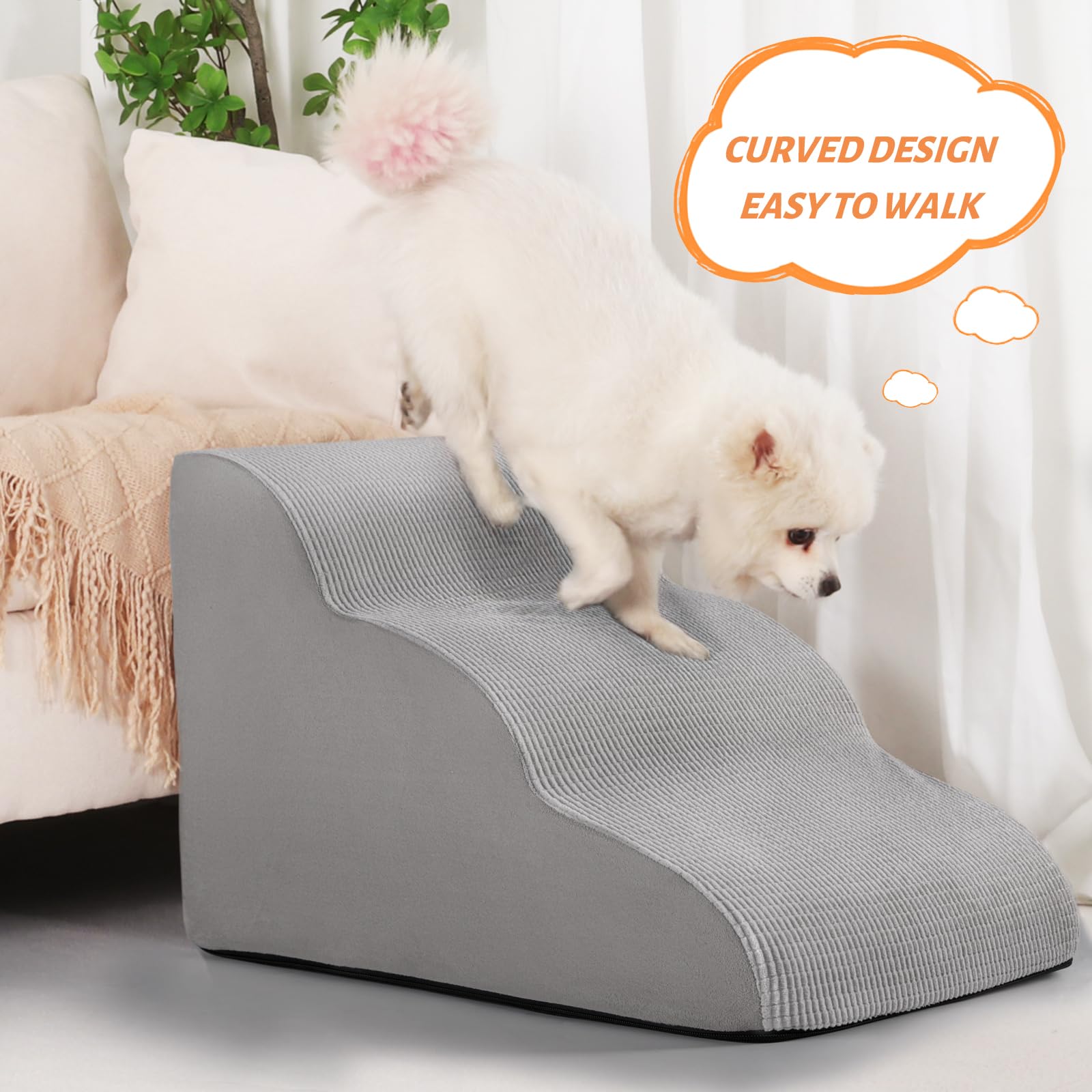 Aodisman 3-Step Dog Ramp and Stairs for Sofa and Chair - Non-Slip Sturdy Pet Steps for Small Dogs and Cats,15.7 H,Light Grey