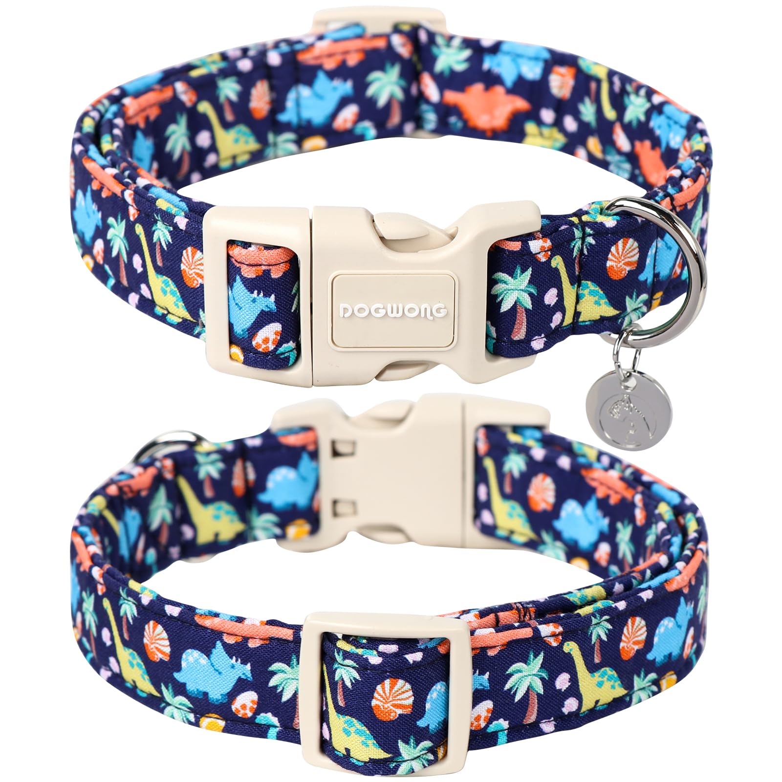 Dogwong Cotton Dog Collar, Blue Dinosaur Dog Collar Durable Soft Natural Fabric Pet Dog Collar Cute Summer Puppy Necklace For Sm