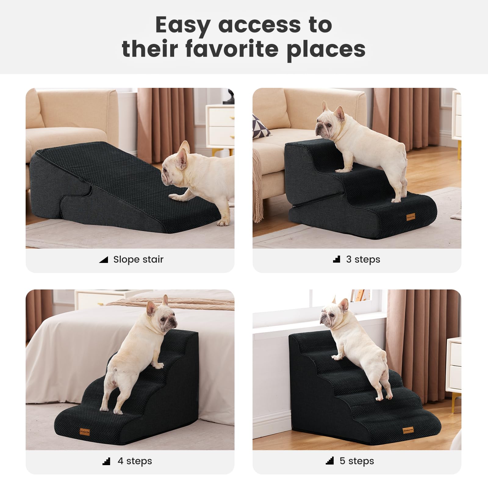 Gardner Pet Dog Stairs for Small Dogs 19.7 H, 4-Step Black Curved Pet Stairs, Dog Steps for High Bed (18-24 in), Couch with Dura