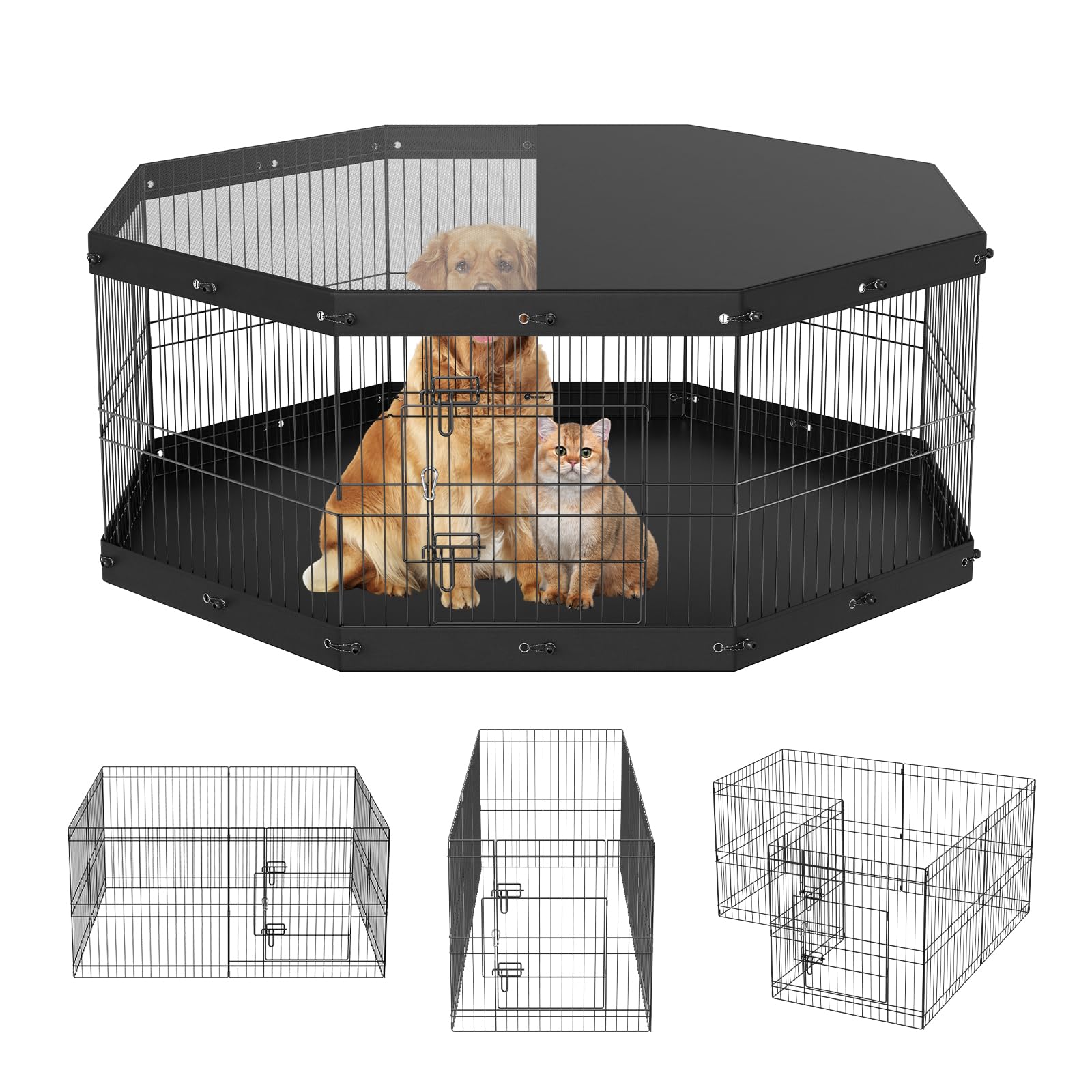 VEVOR Dog Playpen, 8 Panels Foldable Metal Dog Exercise Pen with Top Cover and Bottom Pad, 24 H Pet Fence Puppy Crate Kennel, In