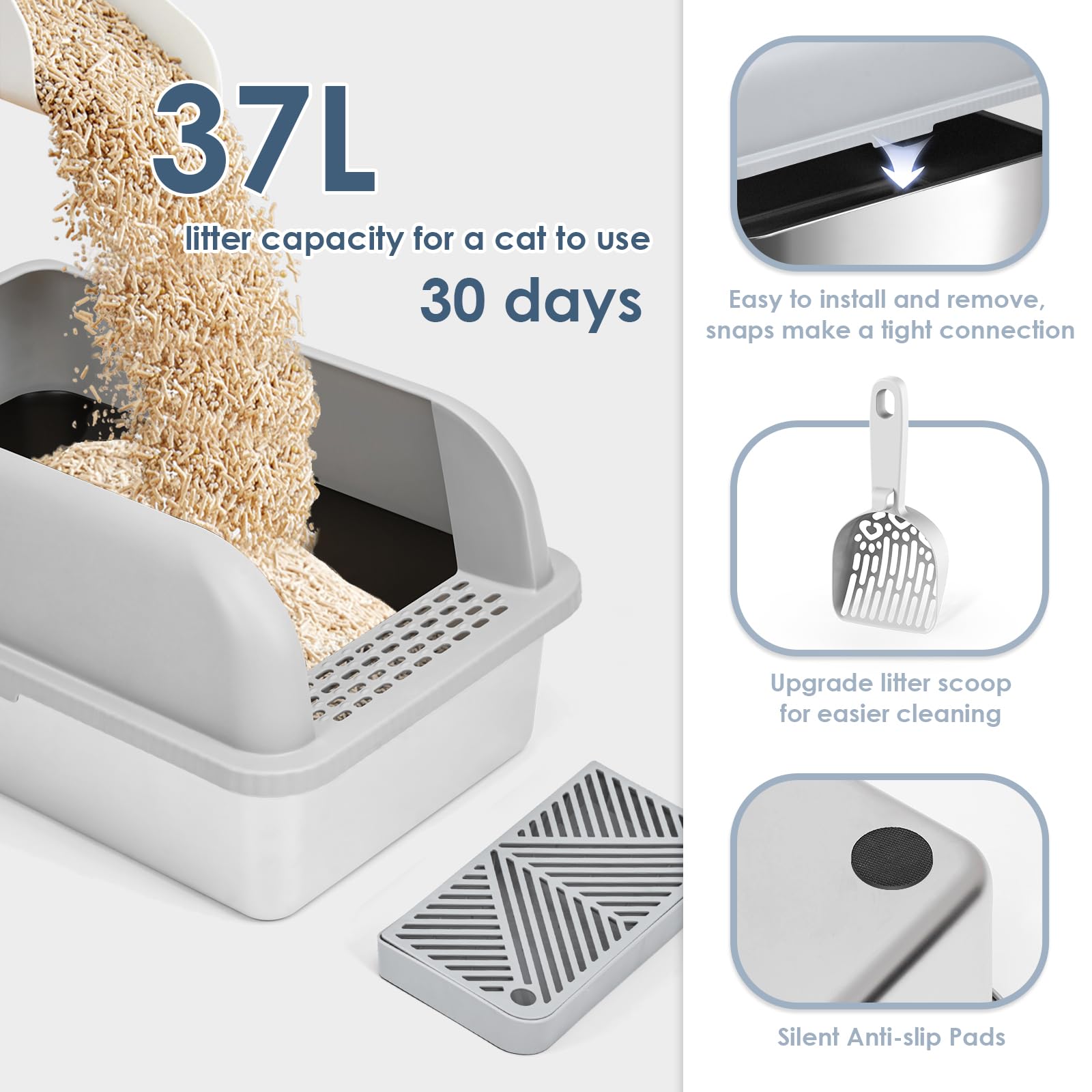 Suzzipaws Non-Sticky Coated Stainless Steel Cat Litter Box With Lid Extra Large Litter Box For Big Cats Xl Metal Litter Pan Tray With High Wall Sides Enclosure, Anti-Leakage, Easy Cleaning