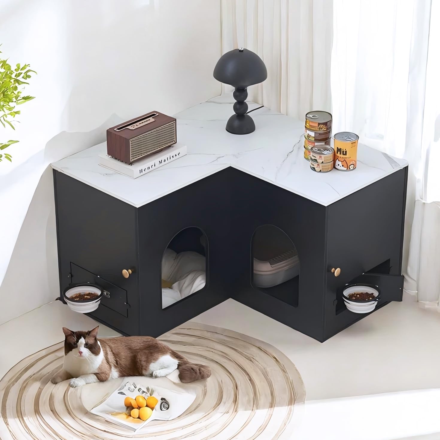 JanflyHome Corner Litter Box Enclosure for 2 Cats, 31.5 Hidden Cat Litter Box Furniture with Collapsible Cat Feeding Station, In